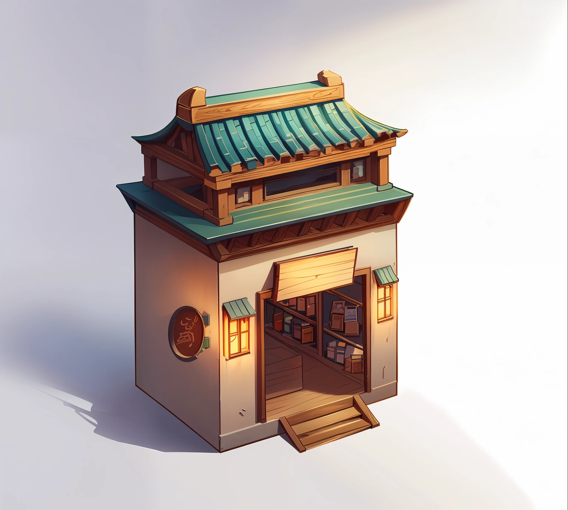 Illustration of a small building with doors and windows, concept art of Li Jae, pixiv, Minyi, Chinese architecture, Ruina library concept art, small building, high detail store, extremely detailed architecture, convenience store, store, white background