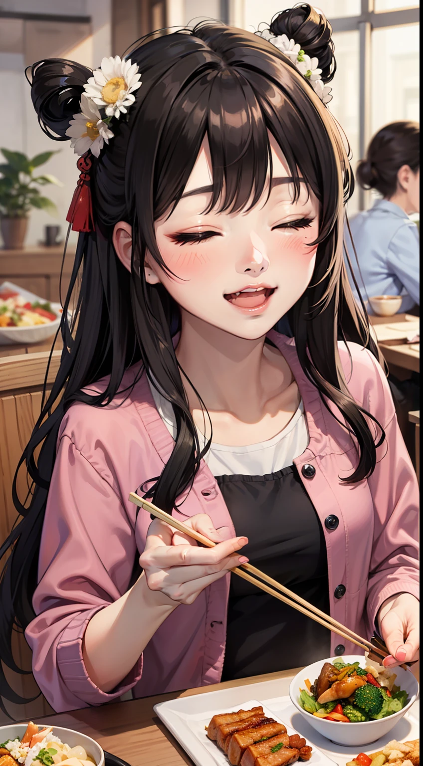 smile, closed eyes, blush, long hair, black hair, multiple girls, open mouth, chopsticks, indoors, bangs, teeth, solo focus, ^_^, 2girls, food, blurry