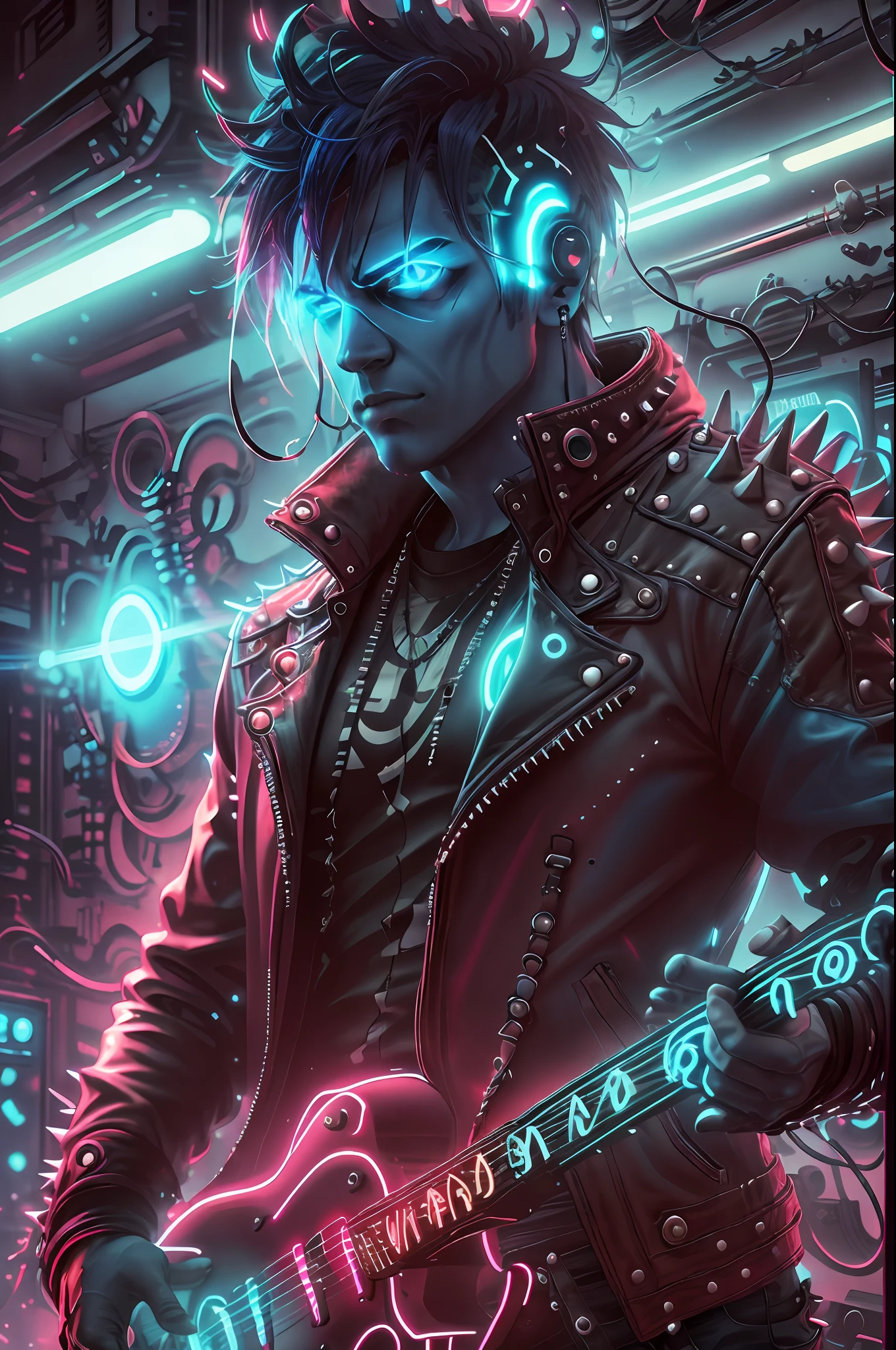 A blue punk man ((neon)) with spiky hair and a leather jacket, holding a guitar in one hand, in the BlueAP style, realistic,
