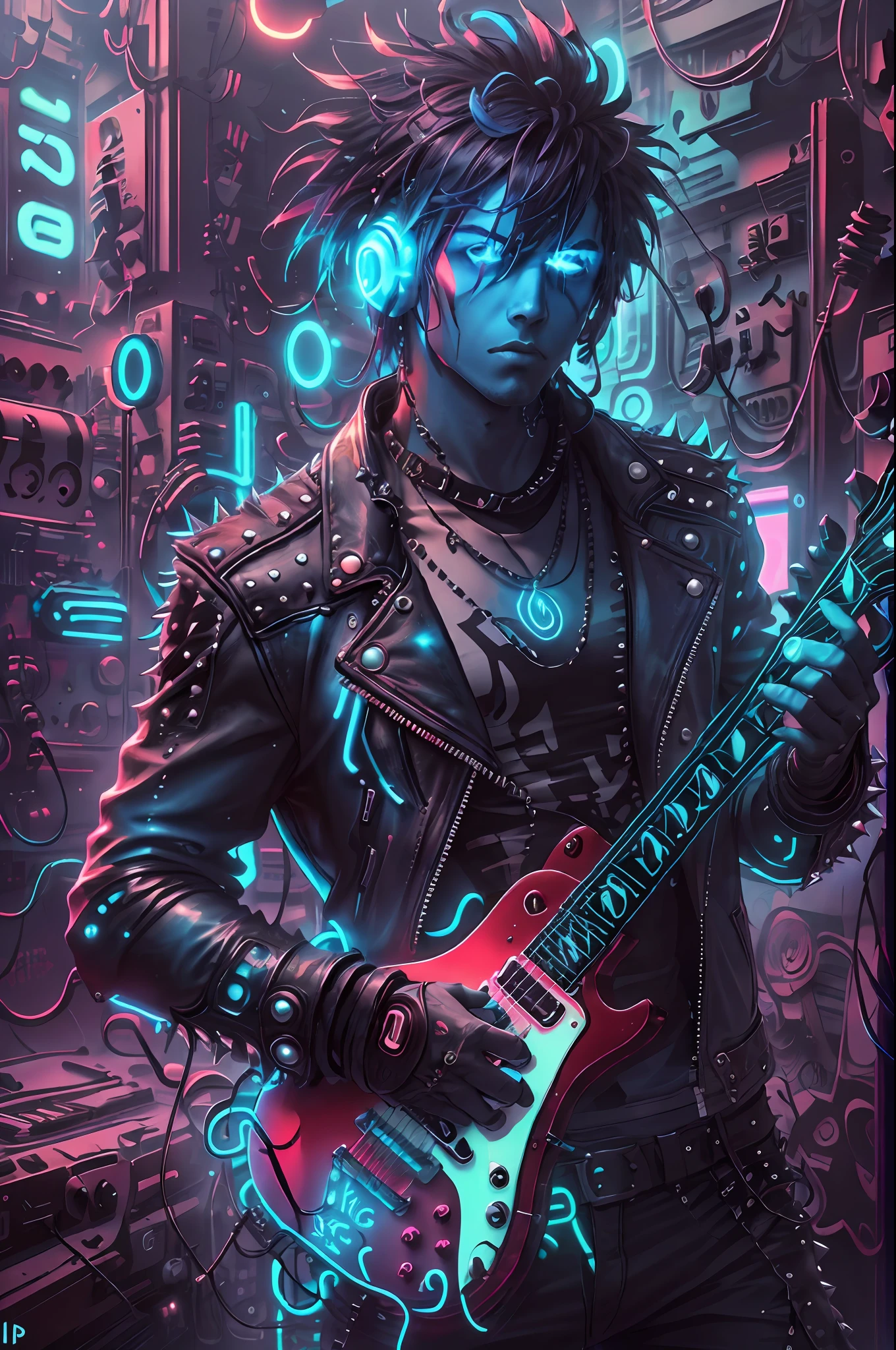 A blue punk man ((neon)) with spiky hair and a leather jacket, holding a guitar in one hand, in the BlueAP style, realistic,