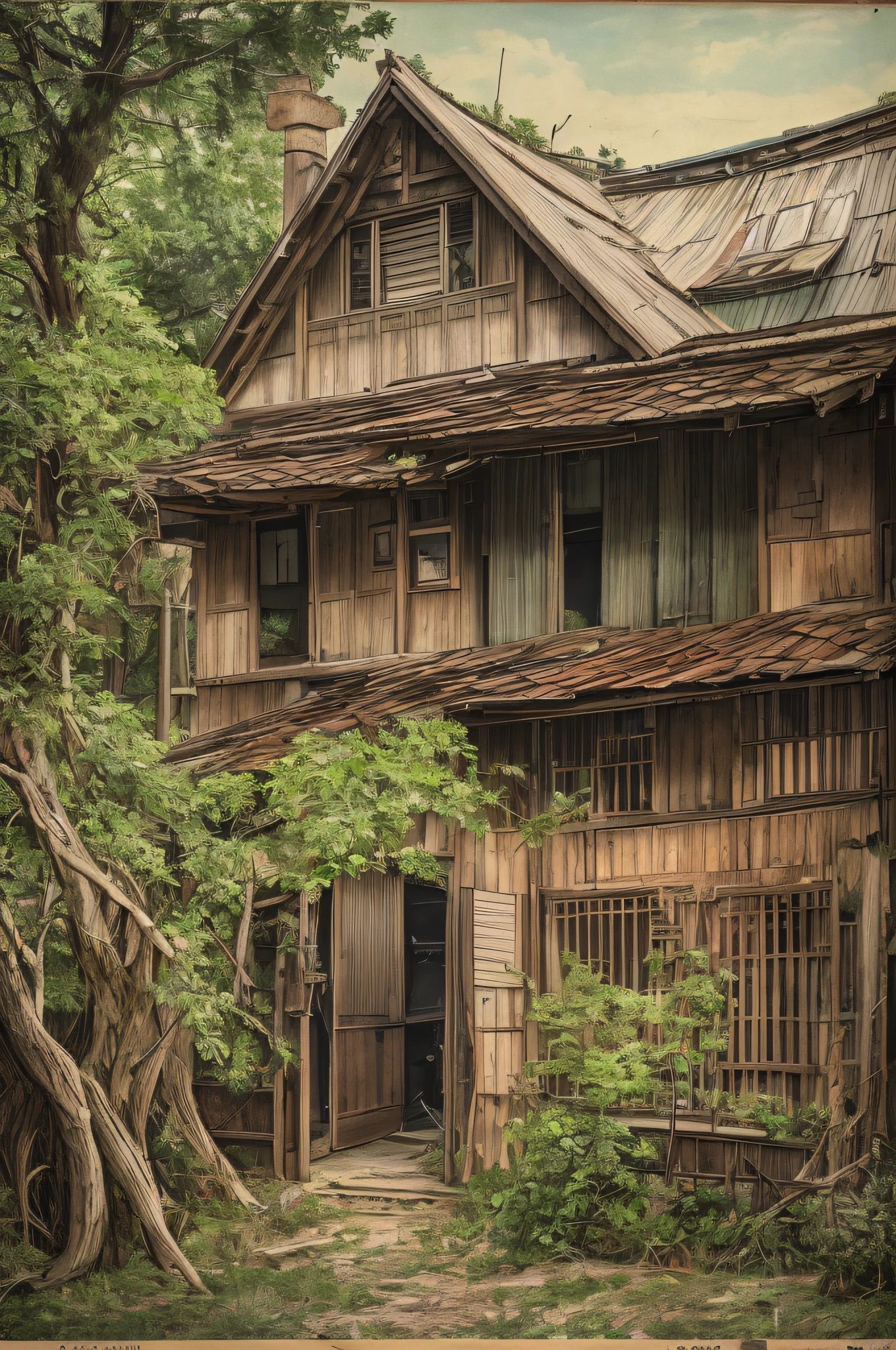 1690s art, ((1900s house,)) classic fairy tales, 910s Japanese rural houses, poor houses, poor people, classical family scenes, film photography, classic family scenery, 19th century fairy tale collection, old life, Kodak, film grain, film photography, concept photography, real, reality, zoom undone, dystopia, cyberpunk, broken world, city of nostalgia