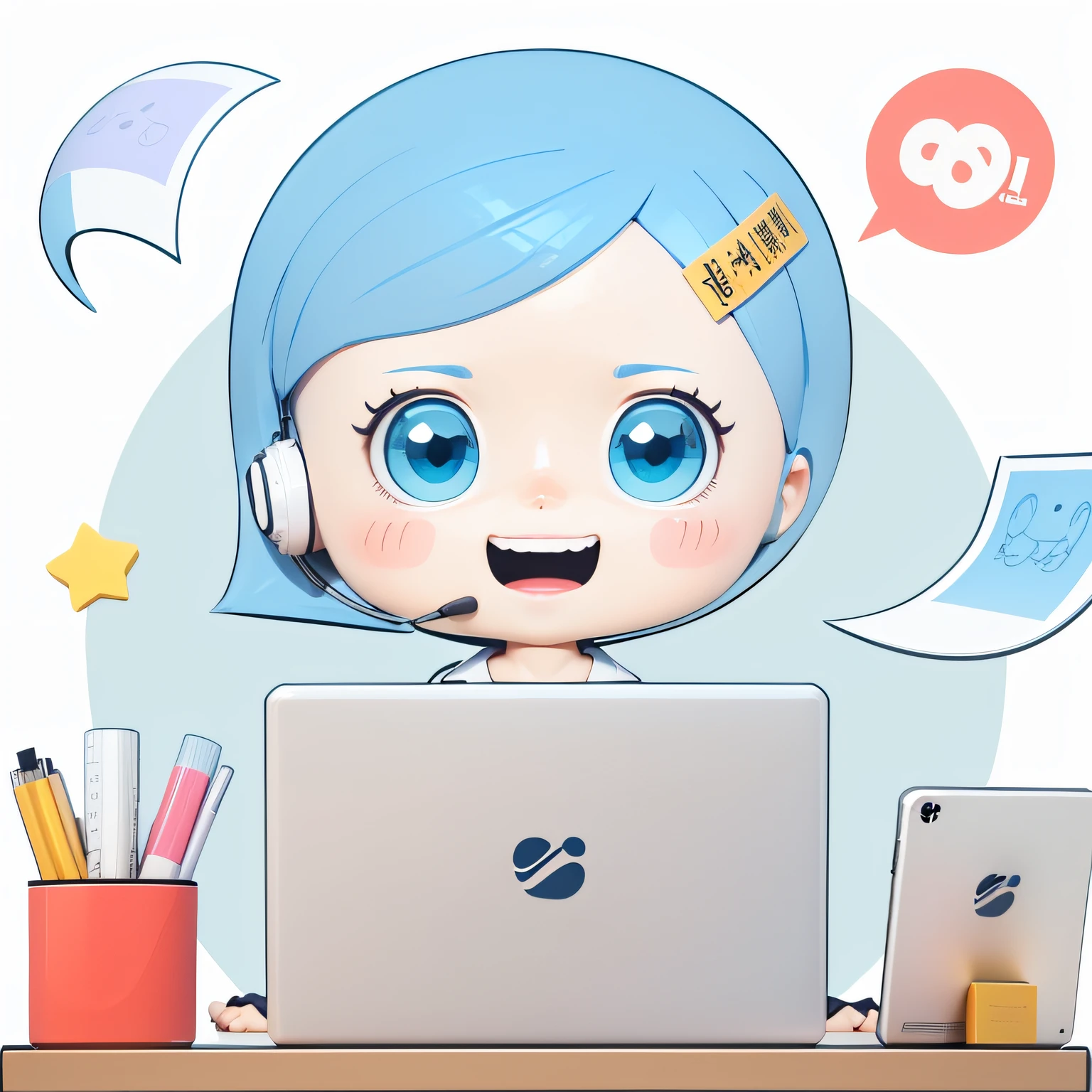 A Girl,Cute squinting smile,Expression enjoyment,Blue eyes,Blue hair,ple short hair,no headwear,White doctor white coat clothes,(Beautiful Detail Eyes),(Beautiful detailed face),(clean Background:1.1),brightly,BACKGROUND,Disney style,Fine gloss,Dreamlike,Cuties,pop-Martin's LP,high-detail,Ultra high quality,Bright colors,Mock-up blind box toy,3D渲染,OC rendering,c4d,best quarity,8k,brightly,front light,facial shots,Fine gloss、Ultra detox,(all body:1.3) --auto --s2