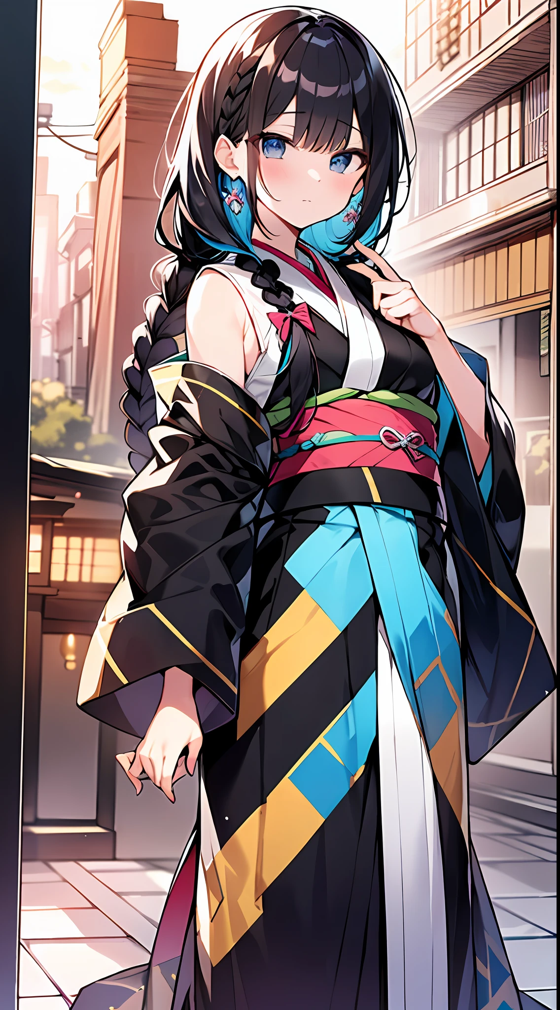 (incredibly absurdres absolutely resolution: 1.5), highest quality, masterpiece, ultra high resolution, 8k, (multiple girls), (gorgeous and colorful gorgeous kimono) break shoujo manga style, (li), soft line drawing, digital enhancement, shojo manga touch, environment change scene, shojo manga core, ( Hair length to the shoulders))), (((short braid))), Japan ancient capital, full body visible angle, beautiful black hair, entangle, beautiful and aesthetic: 1.5, high quality: 1.3