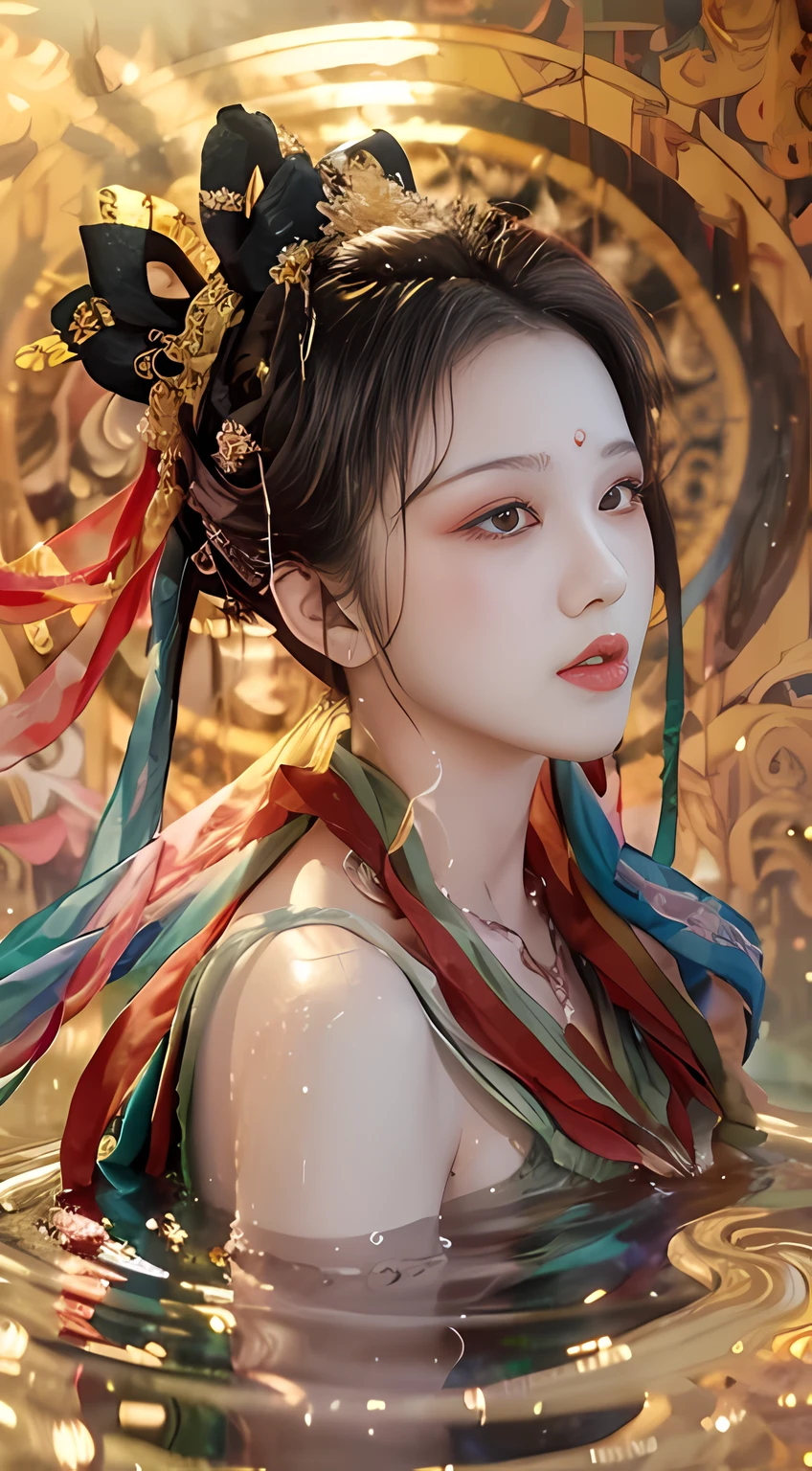 Beauty blogger's recommended app homepage, asking for women's side faces, display of cosmetic products, from left, beautiful romantic skin impeccable, 8k portrait of beautiful young woman semi-submerged in fog-shrouded lake, intricate, elegant, highly detailed, majestic, digital photography, surrealism wet lacquer gold ribbon with filigree, broken glass, rembrandt lamp, 8k HD, clear outer contour, background blur, shutter 300, FM5