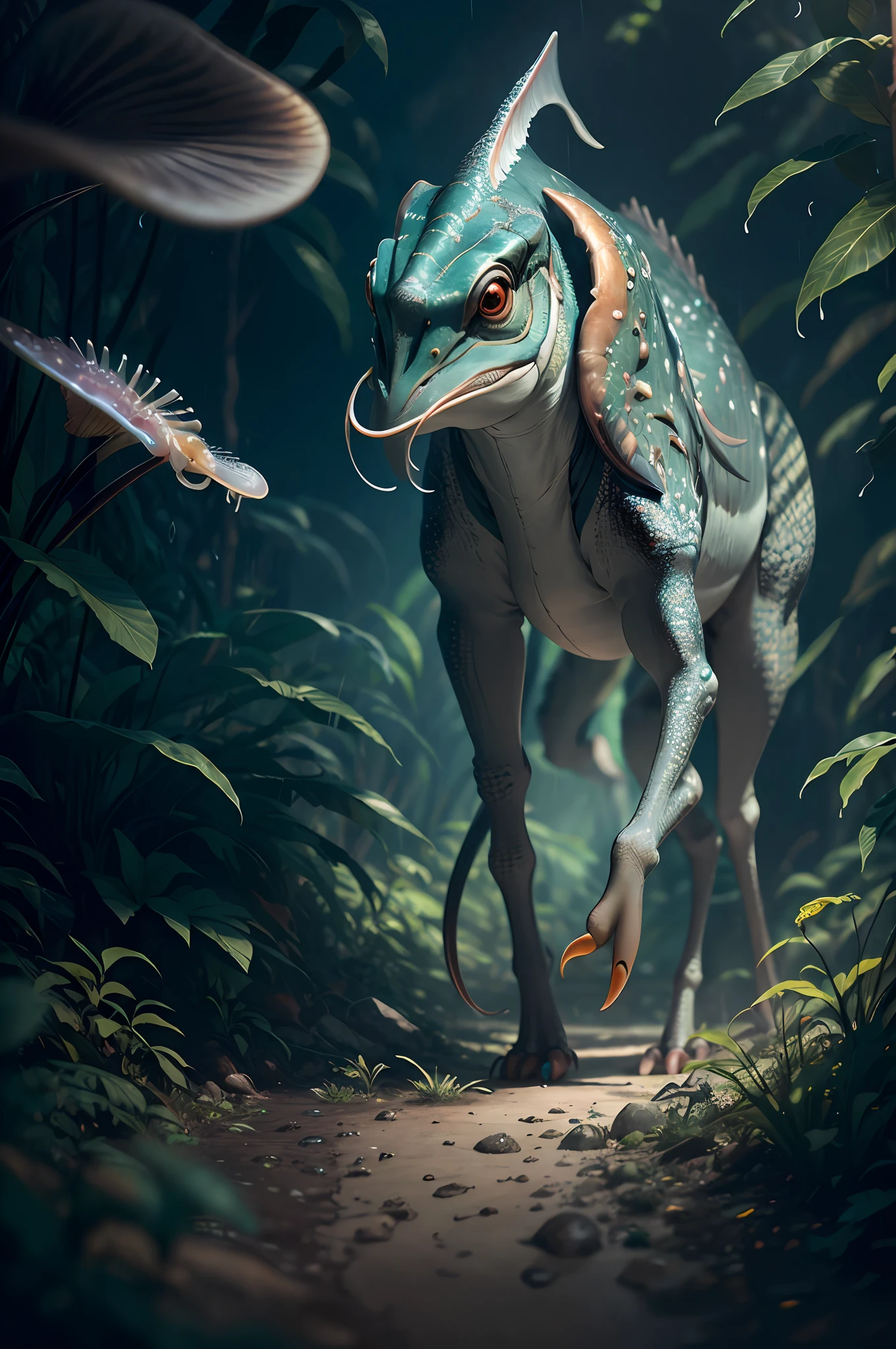 Big creature Luke dinozaur with six legs creature with transparent and lighting body, walking on all six legs, (((cuttlefish head))), ((four eyes)), six leghs, in the jungle, jungle, rain forest, high image quality, realistic look, high-resolution photography, 8K, full-frame matrix, deep shadows, ((one character)), (intricate details, subsurface scattering, hyperdetailed:1.15), (hyperrealism, volumetric lighting, sharp:1.5) Fujifilm XT3