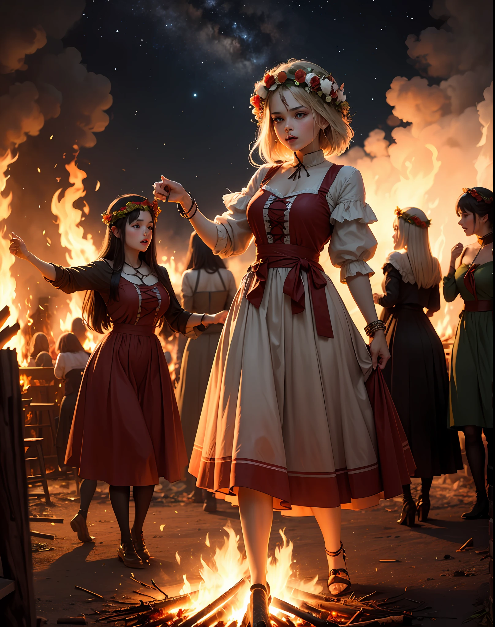 Night, a big bonfire, girls dancing around the fire in folk dresses, a wreath of flowers on their heads, --auto