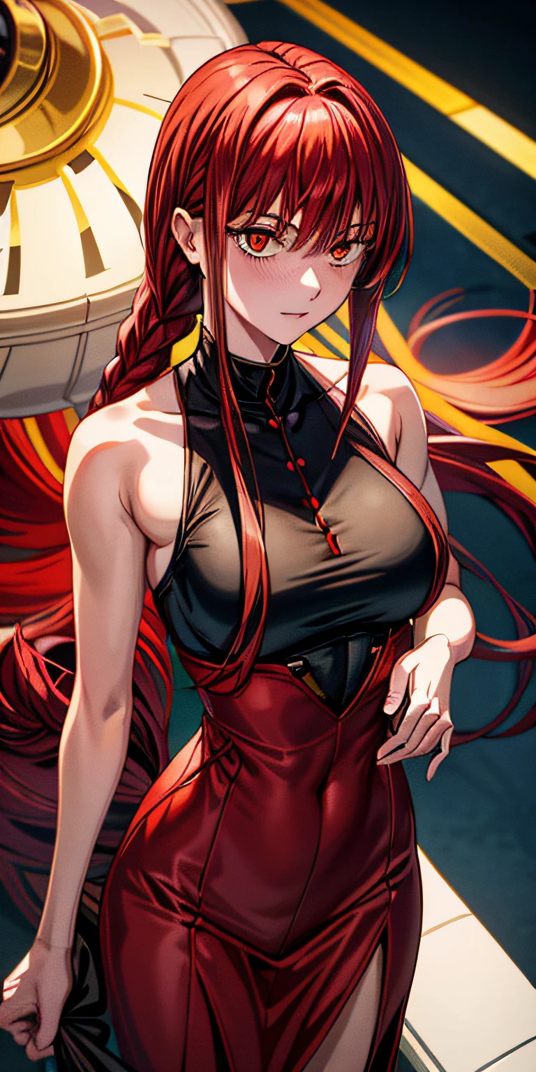 (Masterpiece, best quality), One Piece theatrical version red, Uta, her hands under chin, warm lighting, large perspective, blurred foreground, bare shoulders, backlit