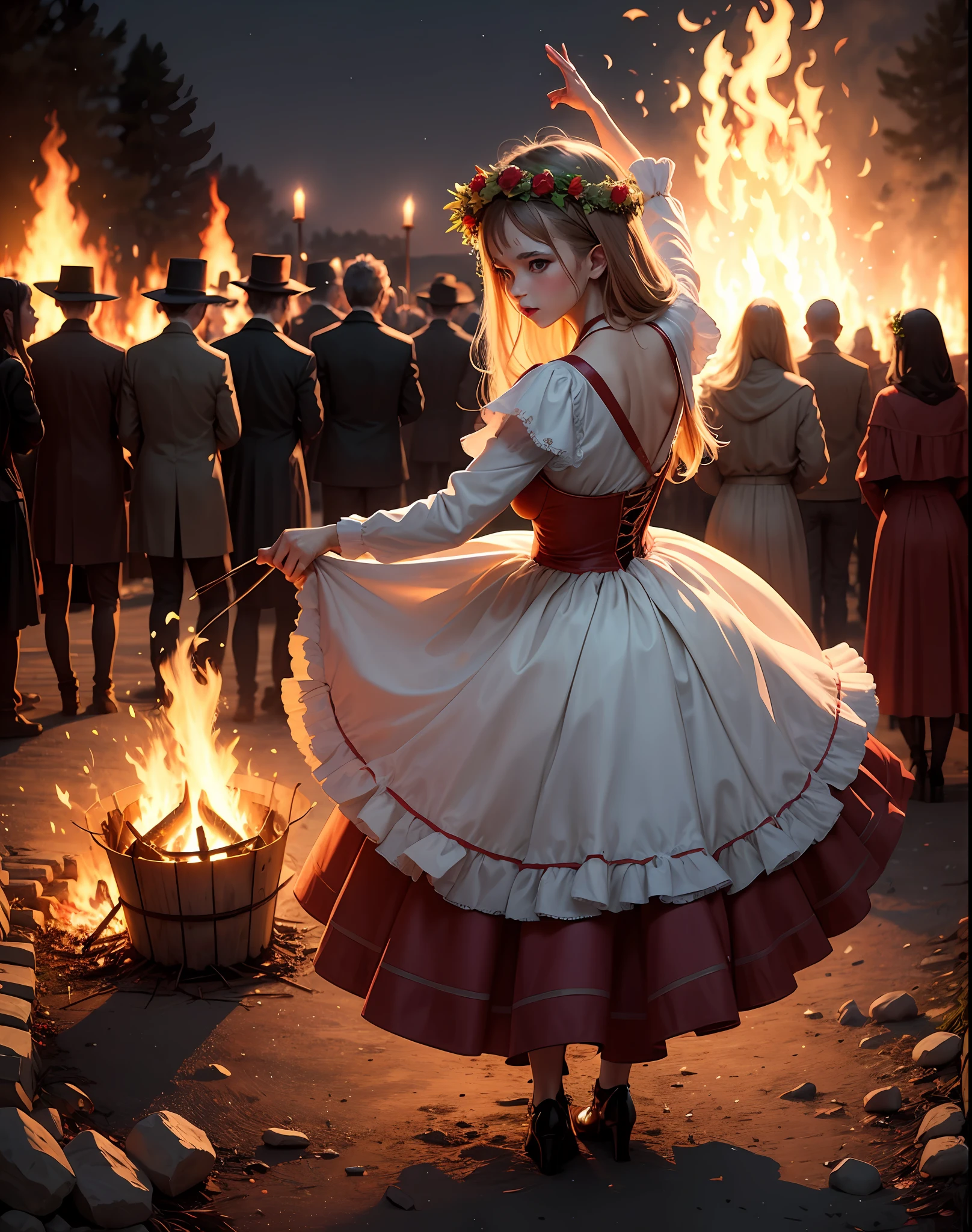 Night, a big bonfire, girls dancing around the fire in folk dresses, a wreath of flowers on their heads, --auto