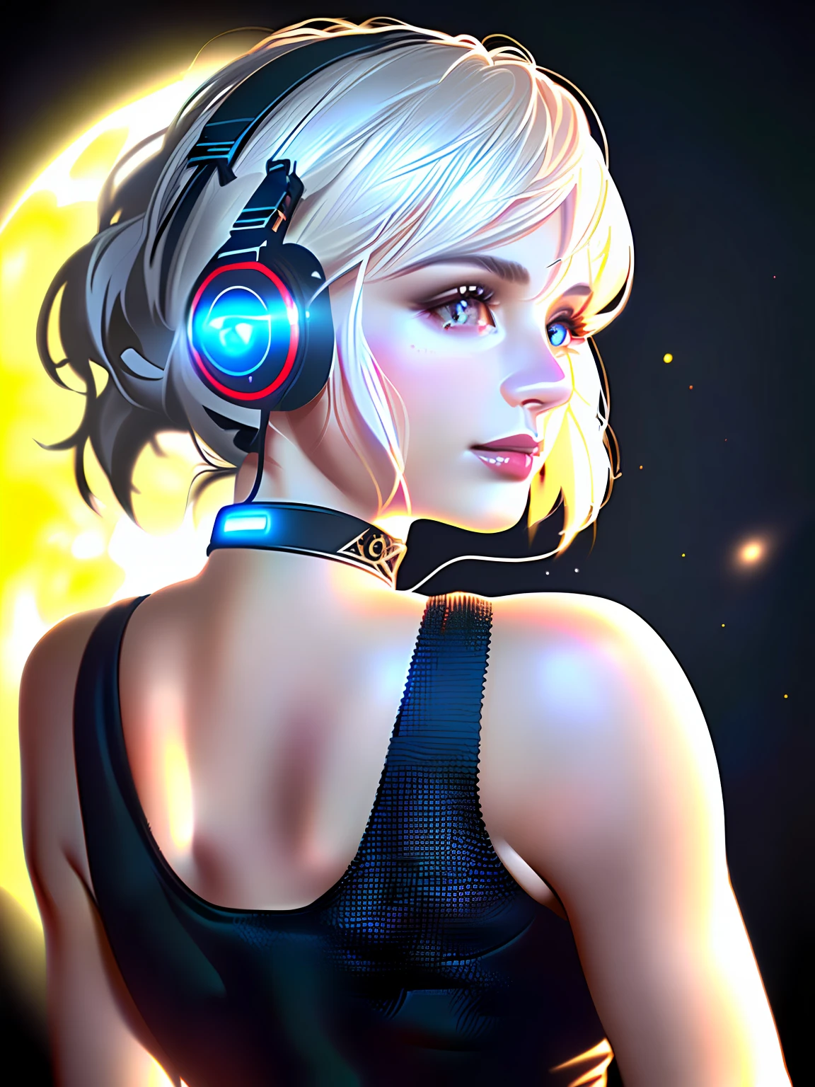 (on the moon, space, looking back into earth), white hair, black tank top, volumetric lighting, white jacket, glowing headphone, cyberpunk, futuristic, multi-color eyes, detailed eyes, hyper detailed,light smile,
highly detailed, beautiful, small details, ultra detailed, best quality, intricate, hyperrealism, sharp, digital illustration, detailed, realism, intricate, 4k, 8k, trending on artstation, good anatomy, beautiful lighting, award-winning, photorealistic, realistic shadows, realistic lighting, beautiful lighting, raytracing, intricate details, moody, rule of thirds, masterpiece, (illustration:1.1), highres, (extremely detailed CG, unity, 8k wallpaper:1.1), beautiful face, highly detailed face, ultra realistic, masterpiece, bokeh, extremely detailed, intricate, zoomout,
colorful, vibrant colors, red nail polish, side view,