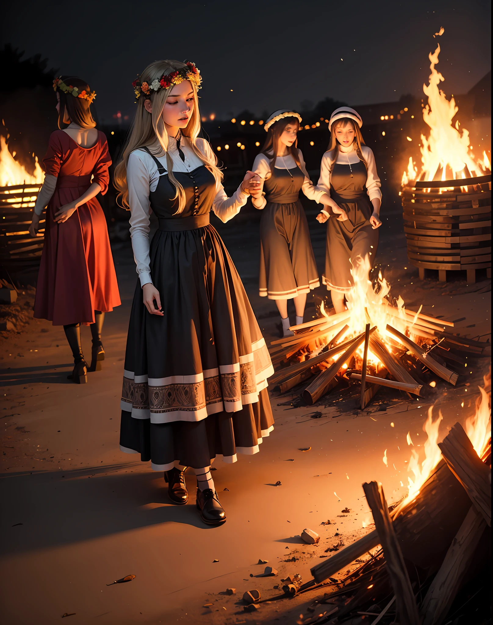 Night, a big bonfire, girls dancing around the fire in folk dresses, a wreath of flowers on their heads, --auto