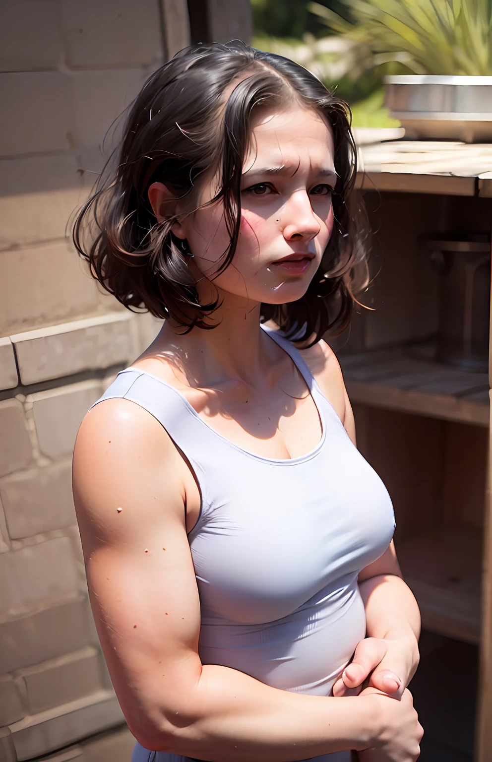 ((Hiding saggy breasts with hands)), obese, small breasts, women in their 50s, snug, top quality, masterpiece, ultra high resolution, (photorealistic: 1.4), raw photo, (((tank top)),