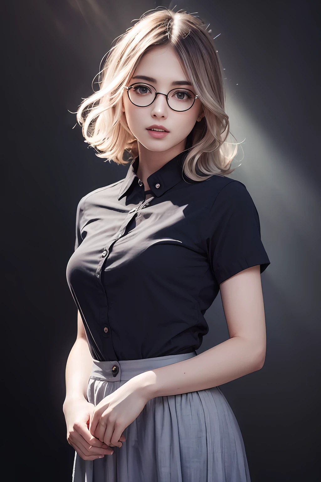 (RAW photo, best quality), (realistic, photo-realistic:1.3), masterpiece, an extremely delicate and beautiful, extremely detailed, 8k, Amazing, finely detail, ultra-detailed, highres, absurdres,
(white hair, short hair, curly hair, smooth hair), beautiful detailed girl, detailed fingers, extremely detailed eyes and face, beautiful detailed nose, beautiful detailed eyes, long eyelashes, looking at viewer, (closed mouth:1.2), light smile,
1girl, cute, young, mature face, no. 105,
(cowboy shot:1.3),
(medium breasts), realistic face, realistic body, beautiful detailed thigh, (ulzzang-6500-v1.1:0.8), (dark room:1.3), (rim lighting:1.3), (dimly lit:1.3), (dark night:1.3), dark background, (black background:1.2), (black room:1.2), dramatic lightning, dramatic effect,
(collared shirt, long skirt, short sleeves), circle-glasses,