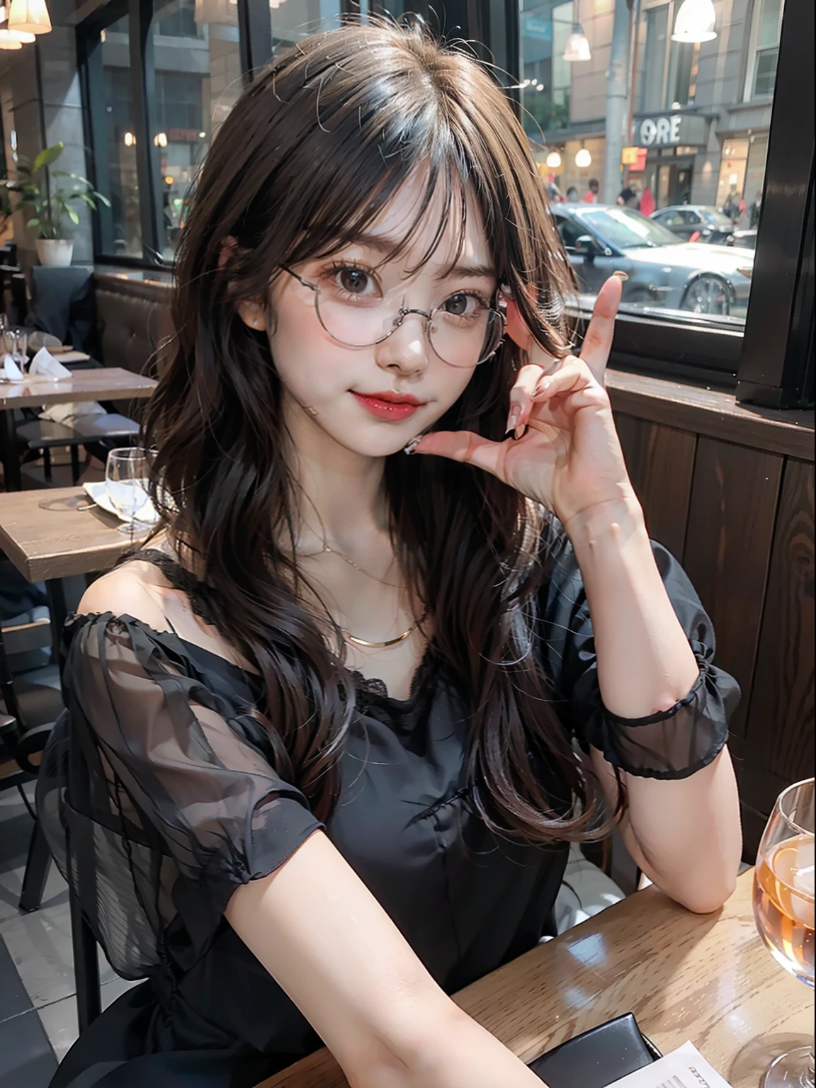 the woman in a black dress sitting in a restaurant, making a peace sign, glasses, black hair, long hair