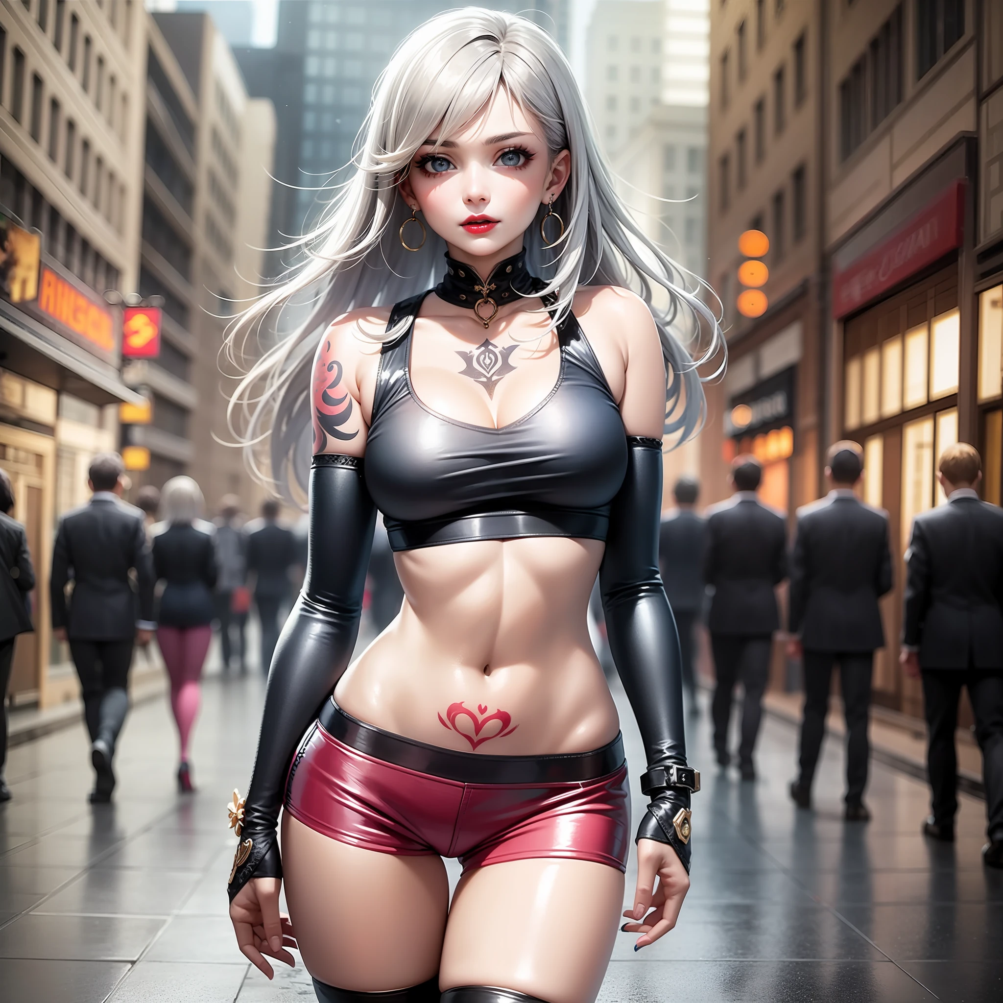 Urban , masterpiece, light makeup, red lips, silver hair, messy long hair, street background, beautiful, elegant. Super fine details, master works, real texture, movie lighting realism, perfect work, 8k, HD, exquisite facial features, pink tight open-cut top, blue tight shorts, black tights, slim figure, pear-shaped body, small man's waist, vest line, collarbone, bright big eyes, smooth skin, earrings, tattoos, beautiful long legs