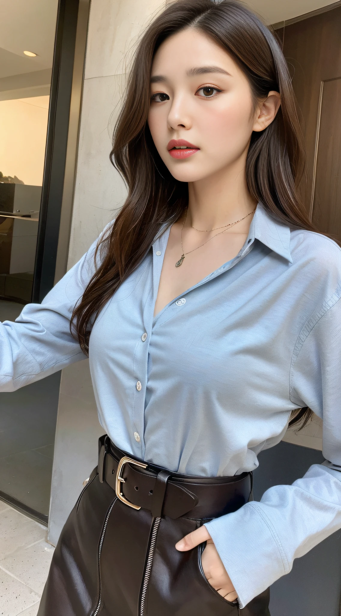 (Best quality, High resolution, Masterpiece :1.3), A tall and pretty woman, Slender abs, Dark brown hair styled in loose waves, Breasts, Wearing pendant, White button up shirt, Belt, Black skirt, (Modern architecture in background), Details exquisitely rendered in the face and skin texture, Detailed eyes, Double eyelid