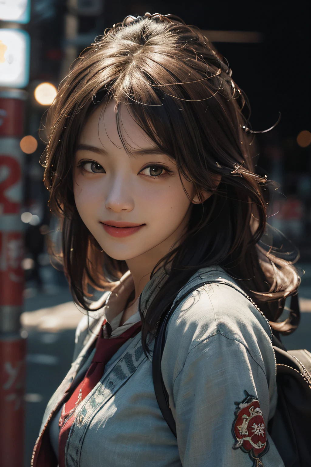 (RAW photo, highest quality), (realistic, photorealistic: 1.3), highest quality, high definition, masterpiece, super detail, illustration, 1girl, upper_body, dynamic angle, messy_long_hair, top quality, highly detailed CG Unity 8k wallpaper, ink, wonderful, smile, movie lighting, lens_flare, dunhuang_style,High school girl uniform,blonde,Tokyo city,