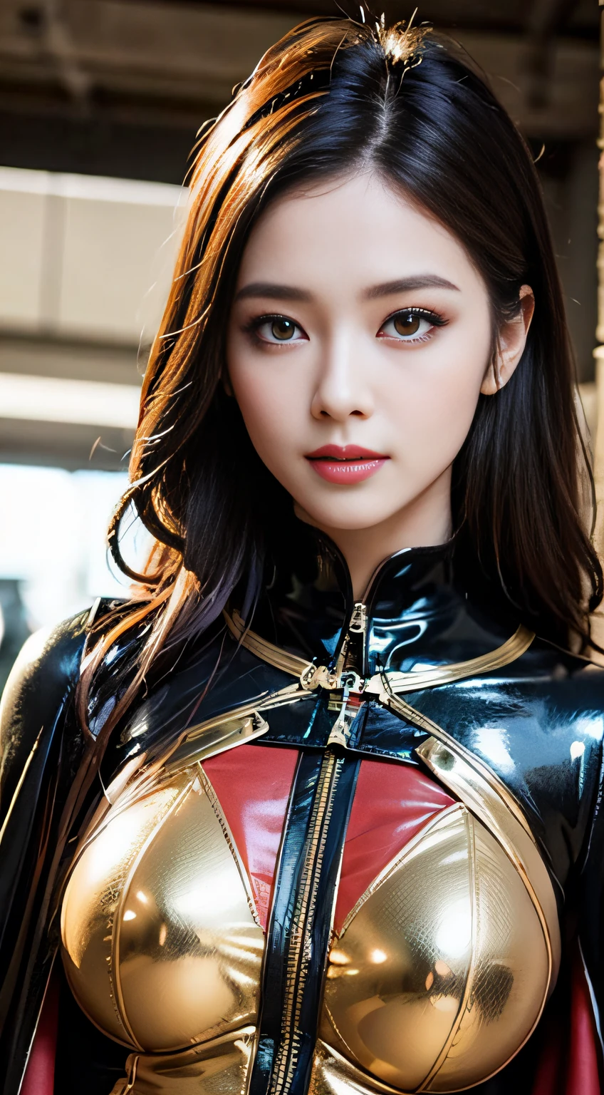 8k resolution, exquisite facial features, perfect face, superman, superhero, star symbol on the chest, cloak on the back, lines on the forehead, a female figure, a beautiful lady, shiny skin, high detail, higher quality, Bishōjo, long golden hair, tight leather clothes, (latex bodysuit), (big breakthroughs)), gym, delicate face, {{illustration}}, {extremely delicate and beautiful}, {exquisite makeup}, {{Girls in red Skin-tight garment}}, super meticulous, (black and red stripes on the clothes), delicate and luminous eyes, red leather clothes, tights, {{movie light}}, street, extreme light effect