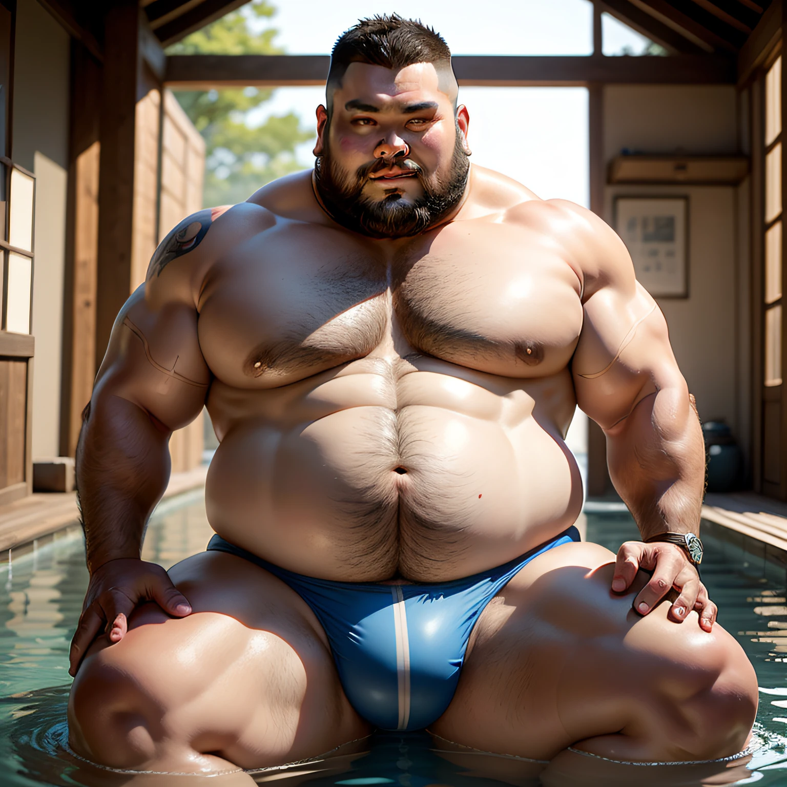 Alafeld man sitting in water in blue swimsuit, sumo wrestler, sumo japan, tsunami behind him, swimsuit, model, vacation photos, asian male, shooting nikon Z9, swimsuit model, asian man, well-developed pectoral muscles, stout limbs, round belly, straight hips, translucent panties, male, middle-aged fat, gay, overweight, beer belly, general belly, mesh panties, erotic panties, sexy panties, asian face, elegant middle age, amiable, golden ratio body, stocky man, gray hair, gray beard, fat bear, fat, strong man, panties bulge male genitalia erect silhouette, mesh panties, Chinese, round belly, height 160cm, weight 100KG, pregnant belly, elastic belly, plump belly, plump chest