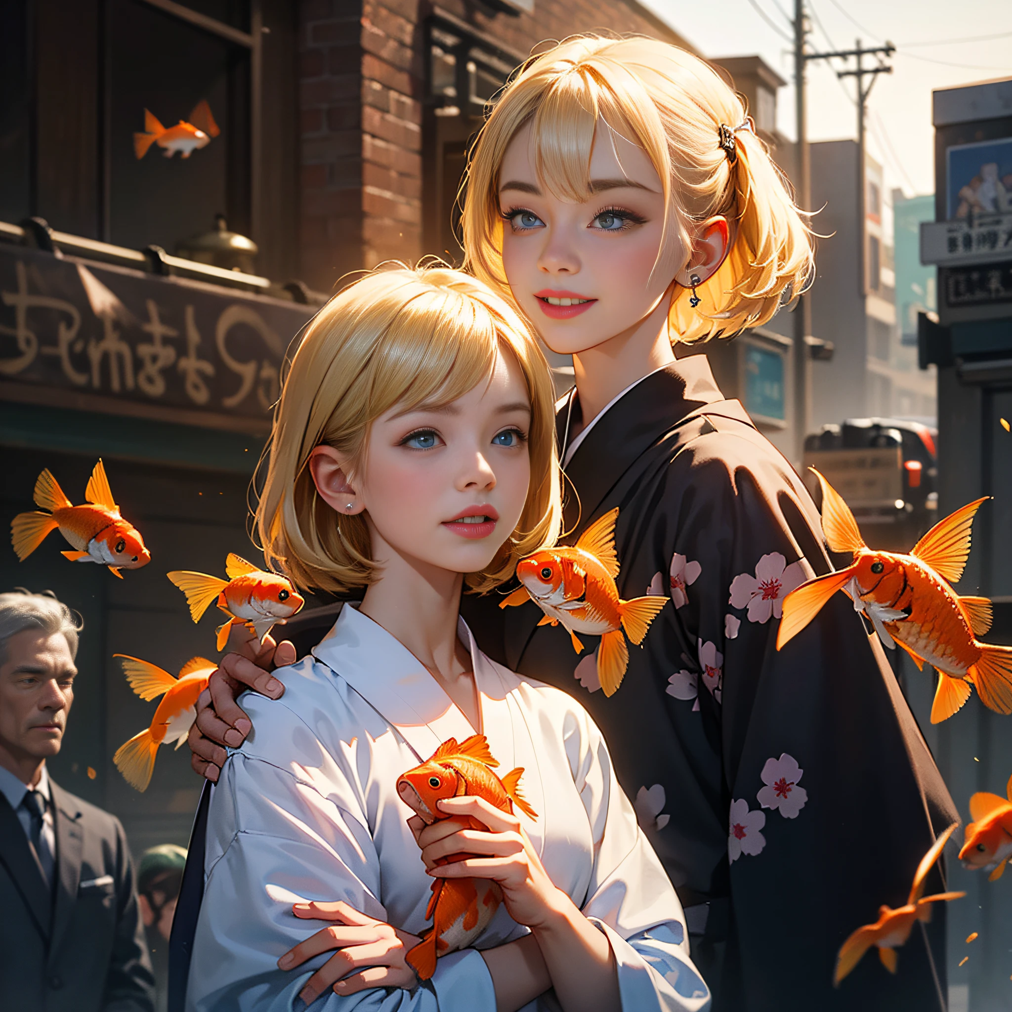 {{masterpiece, best quality, extremely detailed CG, unity 8k wallpaper}}, steampunk, downtown Tokyo in the early 20th century, 1 girl, 1 cat, smiling girl holding a cat, cute face, blonde short bob , ear piercings, goldfish print yukata, detailed face, detailed eyes, blue eyes, double eyelids, long eyelashes, popeyed goldfish flying around her, cinematic lighting,