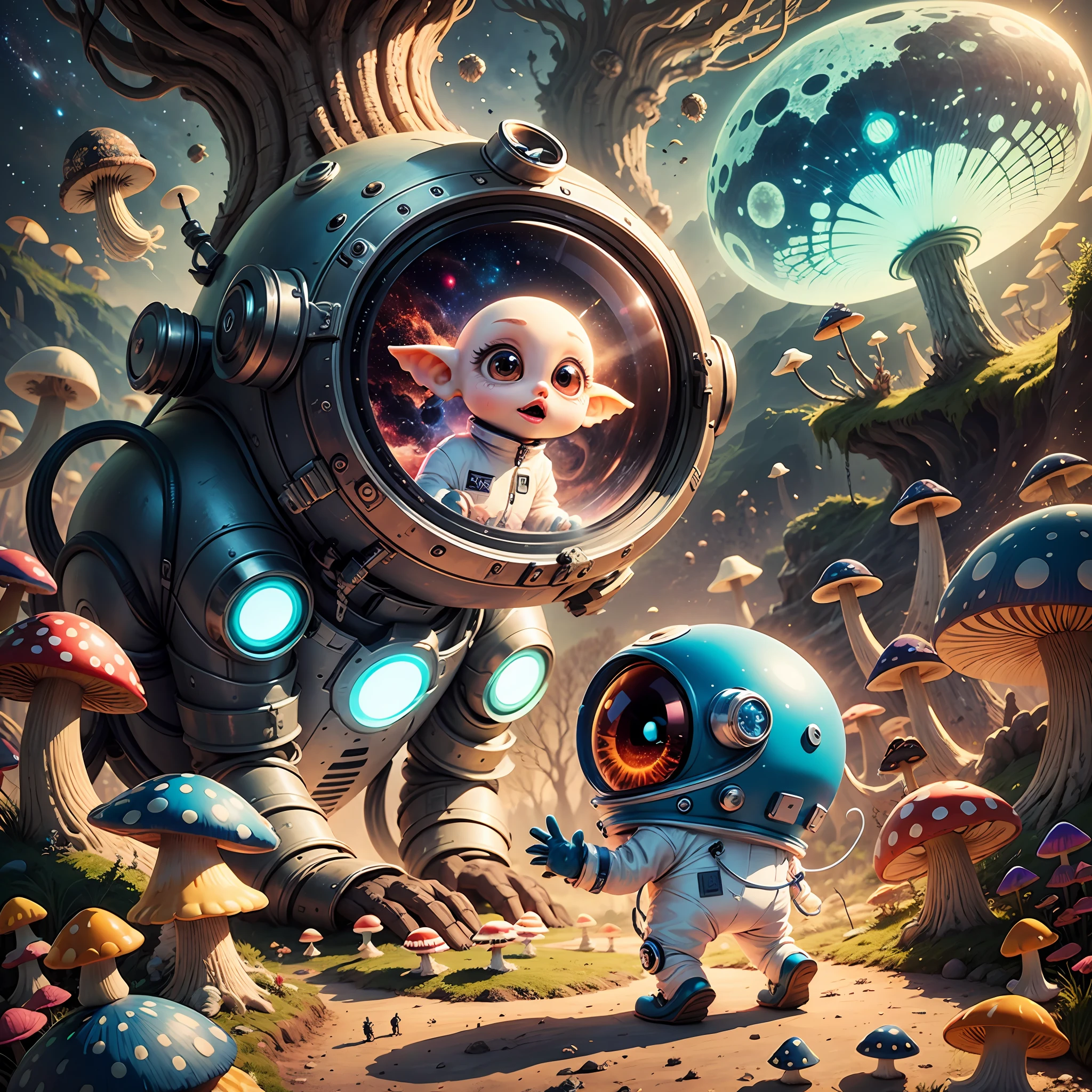 Extraterrestrial, blue with big, mouthless eyes, with space suit glued to their bodies, on a planet full of mushrooms