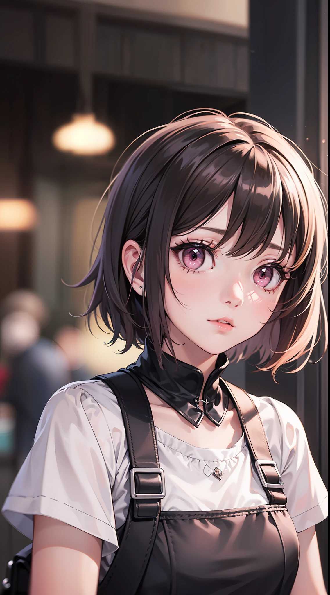 a girl,solo focus,(pink eyes,upper body:1.3),blurry,depth_of_field,blurry_background,1girl,moyou,masterpiece,Best quality,,