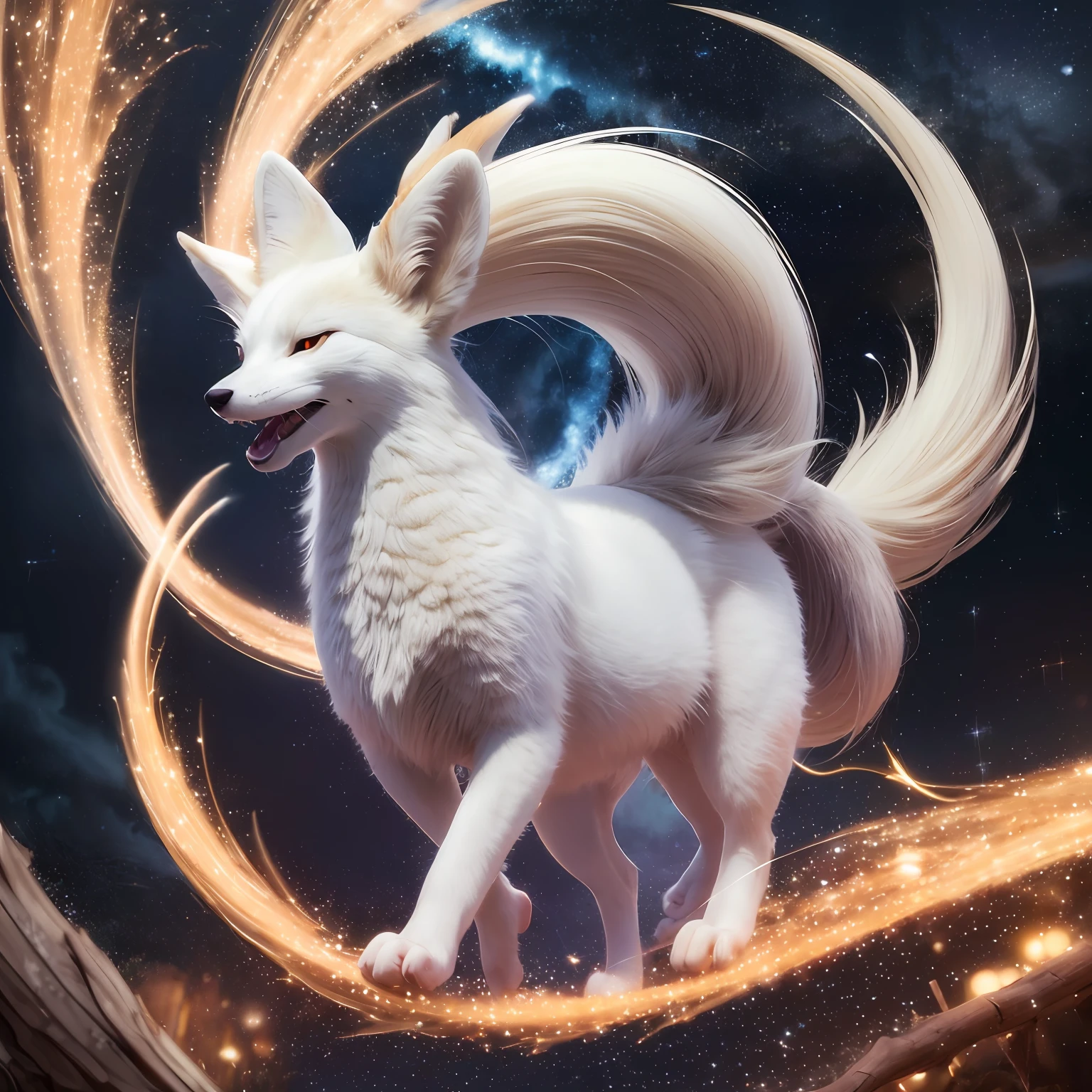 Nine-tailed fox of yokai,animal,white body color,long body hair,not human,nine tails,golden,shining silver,whole, looking up at the sky,gorgeous,gorgeous,jewel-like,shooting star, nature, forest