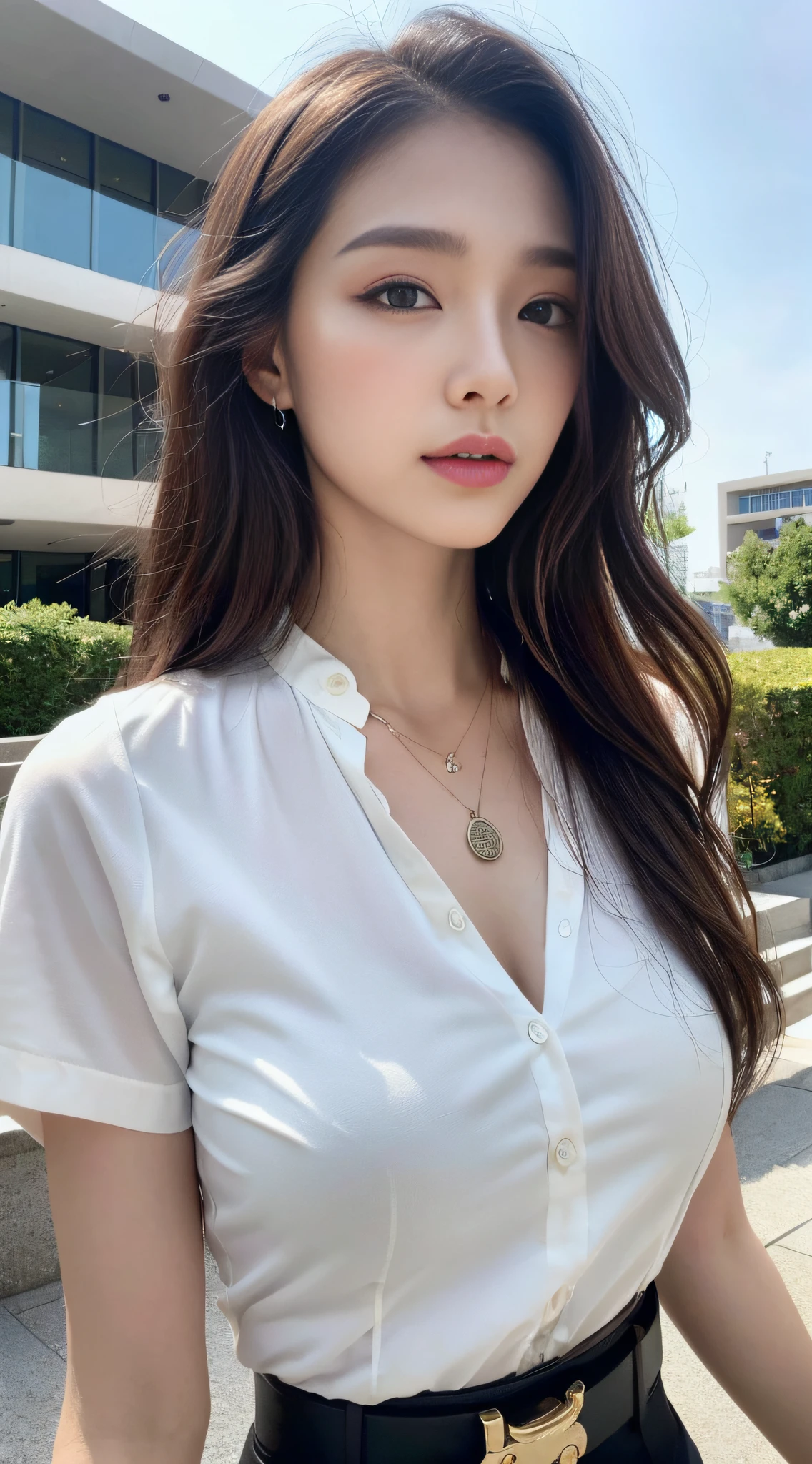 (Best quality, High resolution, Masterpiece :1.3), A tall and pretty woman, Slender abs, Dark brown hair styled in loose waves, Breasts, Wearing pendant, White button up shirt, Belt, Black skirt, (Modern architecture in background), Details exquisitely rendered in the face and skin texture, Detailed eyes, Double eyelid