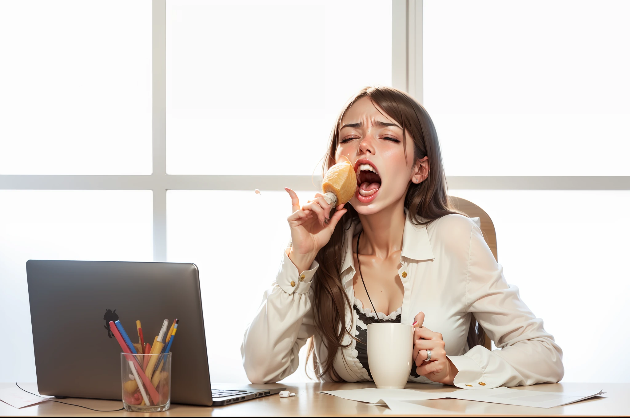 Women open their mouths, yawn and throat