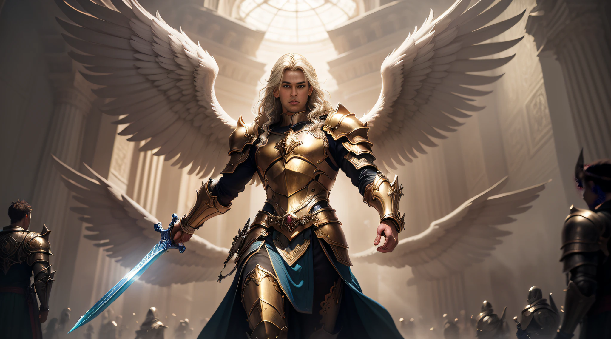 a painting of a male angel, St. Michael the angel, Archangel Michael, precise biblical angel, archangel, holy paladin, sacred armor, sacred sword in his hands, angelic golden armor, biblically cornered angel, angel in plastic armor, fantasy paladin, by Anne Stokes, majestic full-body angel, fantasy, magician, intricate details, dramatic angle, dramatic lighting, depth of field. Best quality, masterpiece, ultra high resolution, (anime realism, photorealistic: 1.4), perfect composition, centered, symmetry