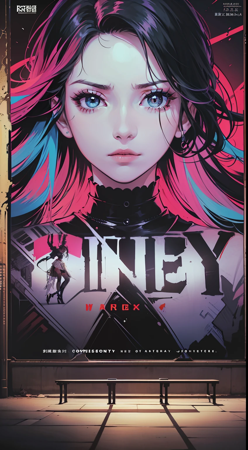 ((((dramatic))), (((gritty))), (((intense))) film poster featuring a young woman as the central character. She stands confidently in the center of the poster, wearing a stylish and edgy outfit, with a determined expression on her face. The background is dark and gritty, with a sense of danger and intensity. The text is bold and attention-grabbing, with a catchy tagline that adds to the overall feeling of drama and excitement. The color palette is mainly dark with splashes of vibrant colors, giving the poster a dynamic and visually striking appearance,tachi-e (magazine:1.3), (cover-style:1.3), fashionable, woman, vibrant, outfit, posing, front, colorful, dynamic, background, elements, confident, expression, holding, statement, accessory, majestic, coiled, around, touch, scene, text, cover, bold, attention-grabbing, title, stylish, font, catchy, headline, larger, striking, modern, trendy, focus, fashion,