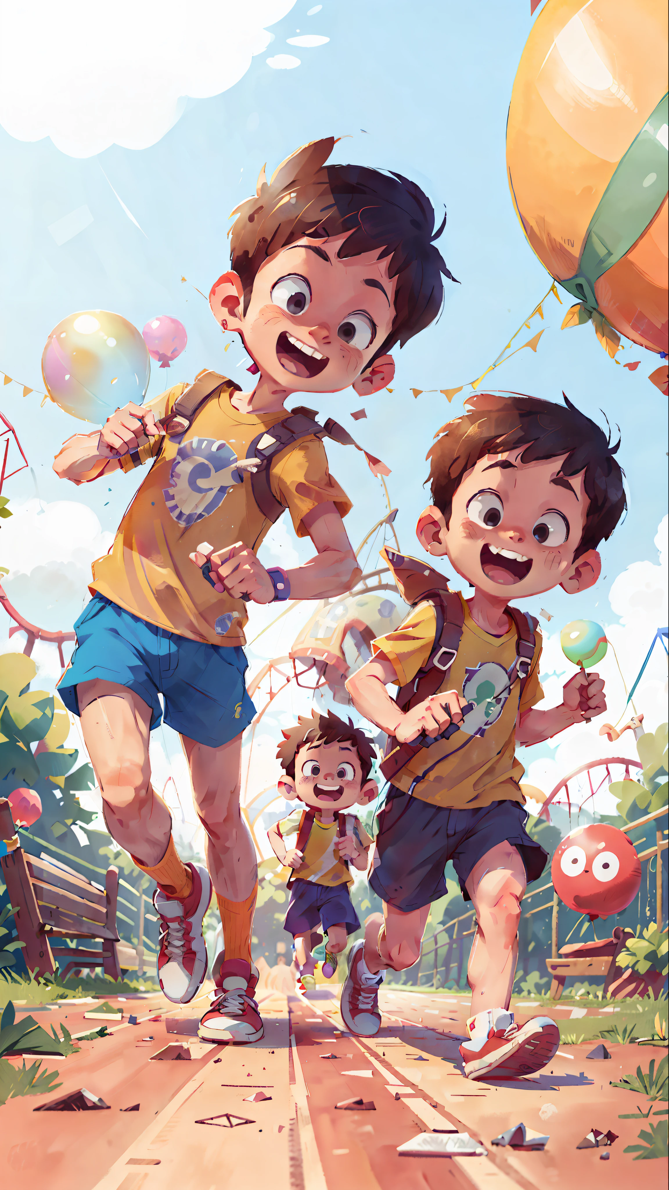 (SFW), two running boys, amusement park, holding balloons, happy, happy, perfect quality, clear focus, colorful, perfect face, intricate details, ultra-low viewing angle, wide angle lens --v 6
