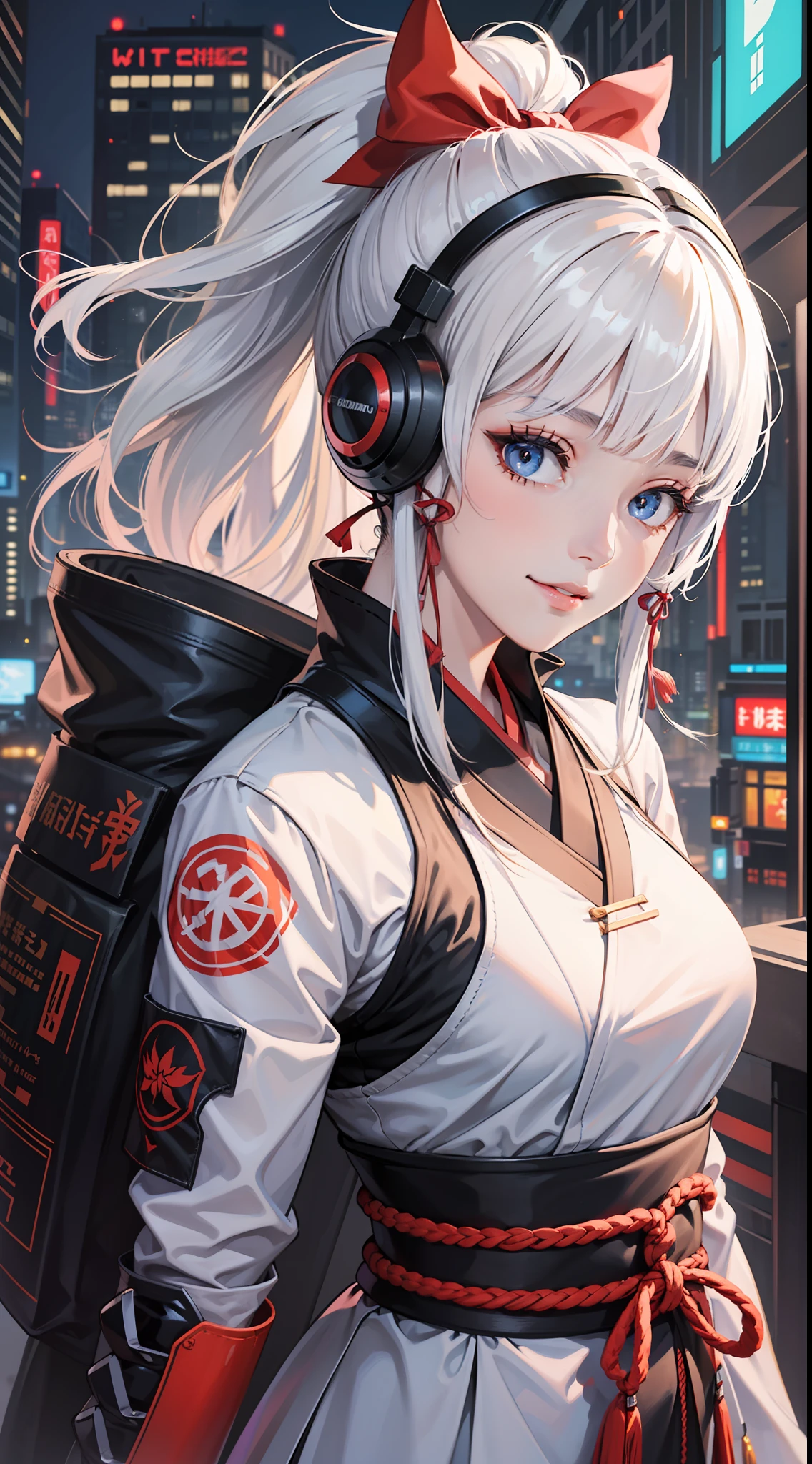(masterpiece:1.2),(best quality:1.2),Cyberpunk,Hanfu,(Cyberpunk Hanfu:1.1),((best illustration)),((cinematic lighting)),absurdres,looking at viewer,panoramic view,solo,kamisato ayaka (flawless radiance),kamisato ayaka,official costume,((White hair)),ponytail,kote,kusazuri,blunt bangs,hair ribbon,red ribbon,Mechanical parts long skirt,japanese armor,gacha banner,upper body,floating,seductive_smile,detailed face,extreme detail description,ultra-fine painting,close-up view,city,water vapor,(Robotic arm:1.1),black leggings,