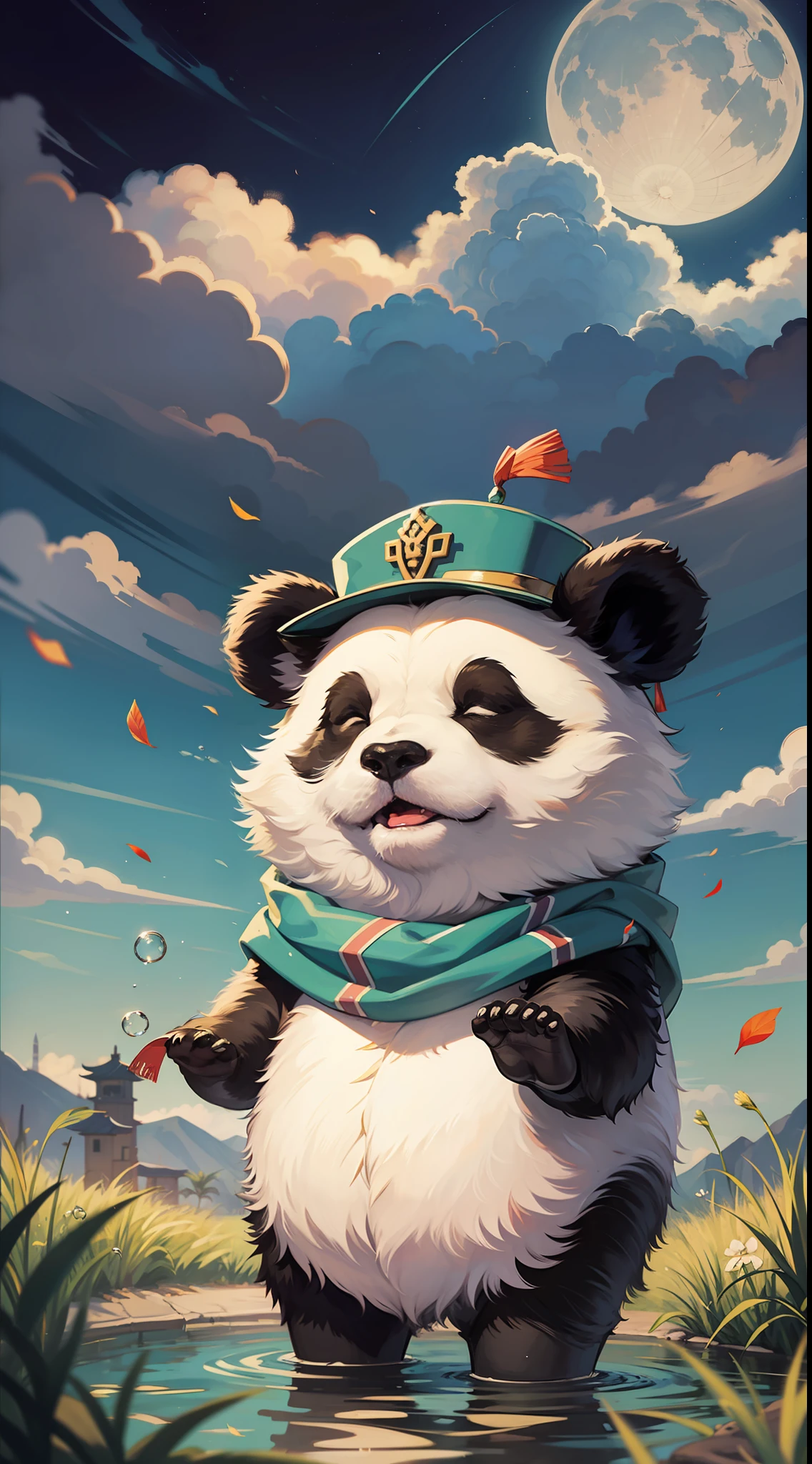 MG xiongmao,1 a chubby panda,sky,cloud,outdoors,solo,hat,furry,grass,leaf,closed eyes,cloudy sky,petals,standing,scarf,no humans,Moon,at the bottom of the water,Bubble,.