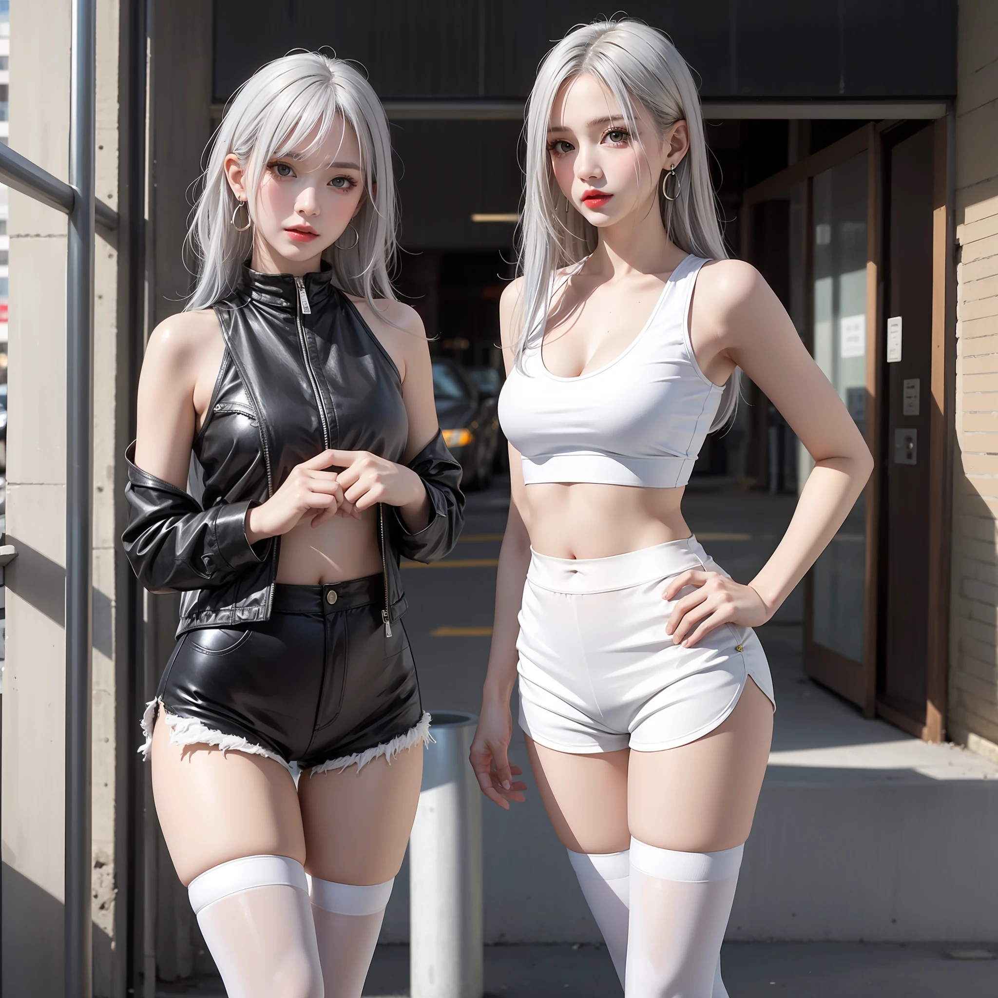 Urban beautiful girl, masterpiece, light makeup, red lips, silver hair, messy long hair, street background, beautiful, elegant. Super fine details, master works, real texture, cinematic lighting realism, perfect work, 8k, HD, exquisite facial features, white tight open-cut top, transparent white tight shorts, black tights, slim figure, pear-shaped body, round hips, slender small man's waist, sexy chest, vest line, collarbone, bright big eyes, smooth skin, earrings, tattoos, slender long legs