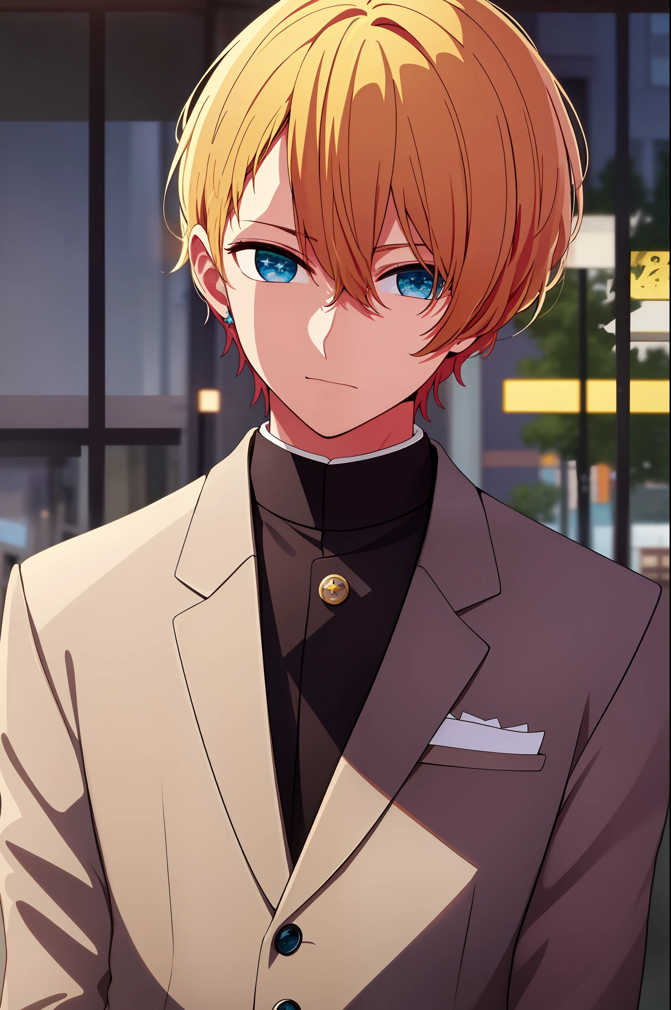 masterpiece, best quality, high quality, 1boy, solo, male focus, looking at viewer, upper body, hoshino_aquamarine, blazer, ear piercing, gakuran, jacket, park, city road, blonde, long coat, sitting, star shaped symbol on right eye,