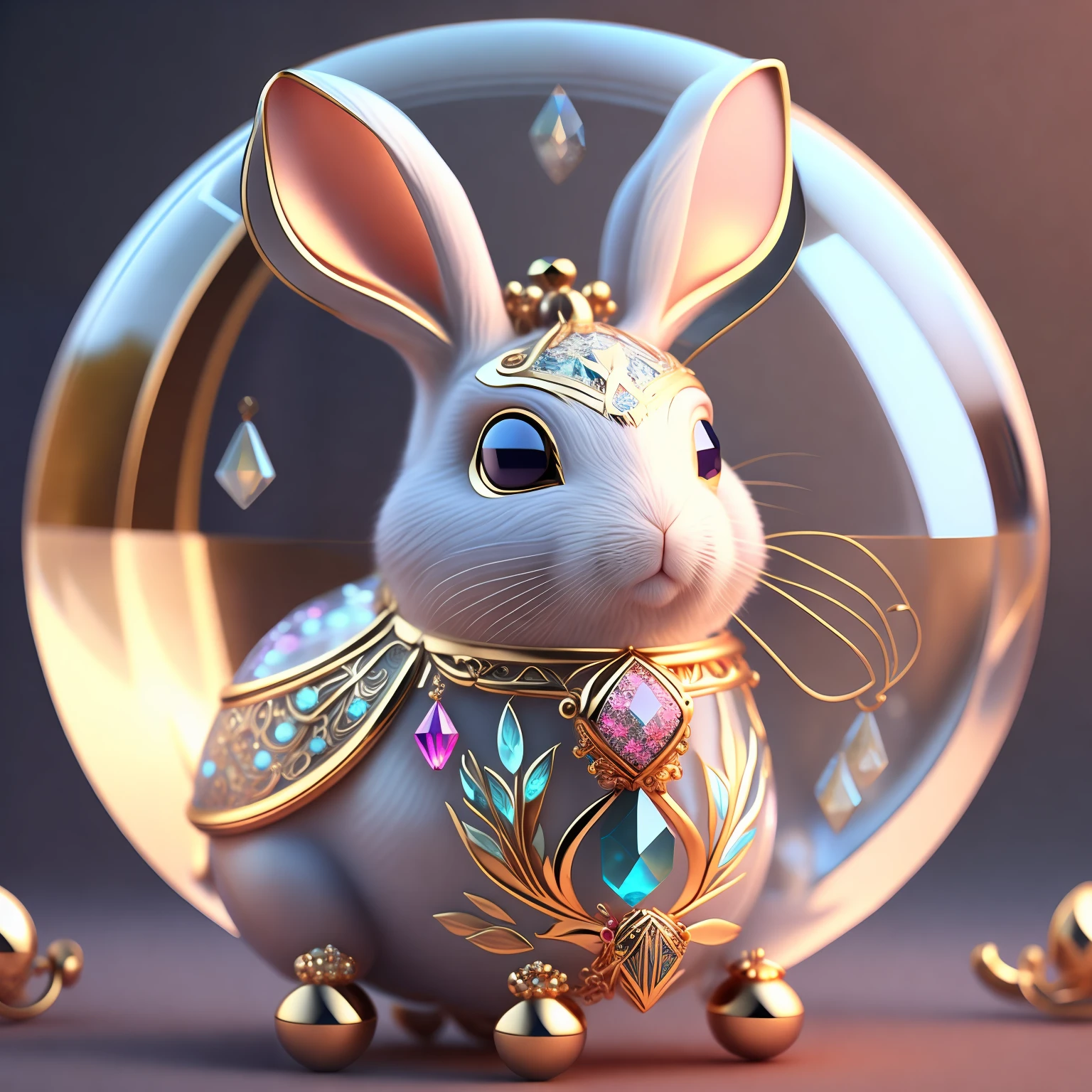 A cute crystal ball zodiac rabbit embellished with various jewelry ornaments and a low-poly design for the eyes, is a highly detailed and complex conceptual art craft using Artstation 8k quality.
