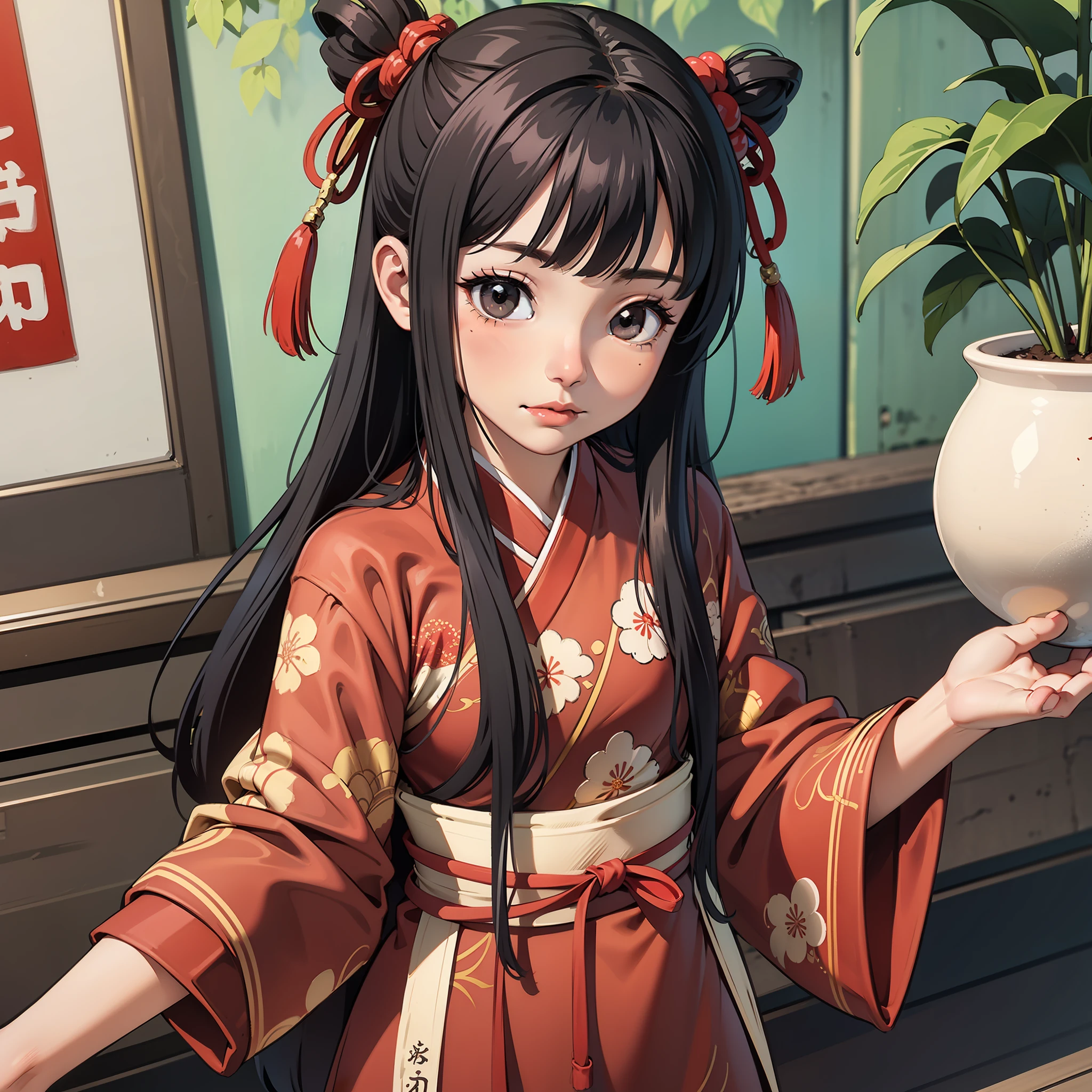 Excellent, masterpiece, cute friend, black eyes, red traditional Chinese Hanfu and decoration, looking up, upper body, fair skin, head shape is two balls tied with red thread,