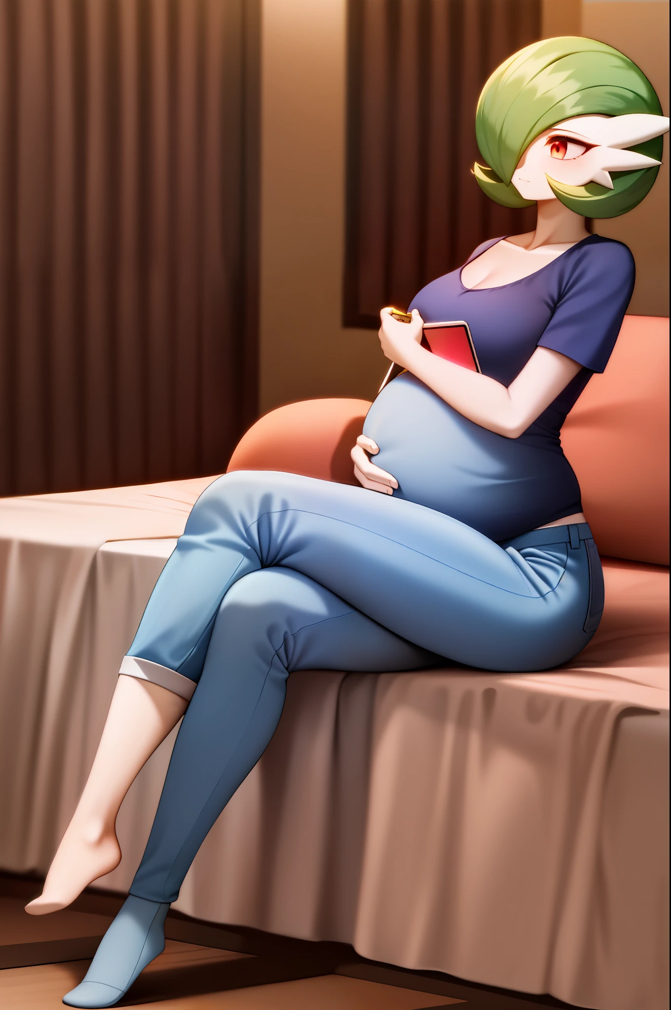 masterpiece, best_quality, 1girl, solo, gardevoir, creatures \(company\), game freak, nintendo, pokemon, pokemon \(game\), bangs, colored skin, female focus, pokemon gen 3, green hair, green skin, hair over one eye, multicolored skin, pokemon \(creature\), red eyes, short hair, porcelain skin, in a bedroom, sitting on a bed, full body, crossed legs, pregnant, casual clothes, yellow t-shirt, pajama pants, blue pants, feminine breasts, medium breasts, looking away, at night, night scene, in profile. He has a remote control in his hands.