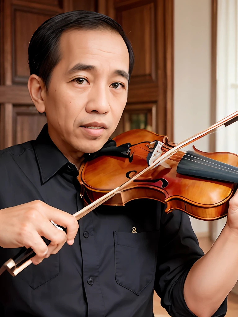 4k, Best quality, masterpiece, ultra high res, beautiful lighting, (realistic, photo-realistic:1.4), realistic background, jokowi, 1man, 50 years old, playing violin, The musician's fingers dance along the strings, caressing them with a tender touch. Each movement is deliberate and precise, as if engaged in an intimate conversation with the instrument. The hand glides effortlessly across the fingerboard, effortlessly navigating the intricate tapestry of notes.