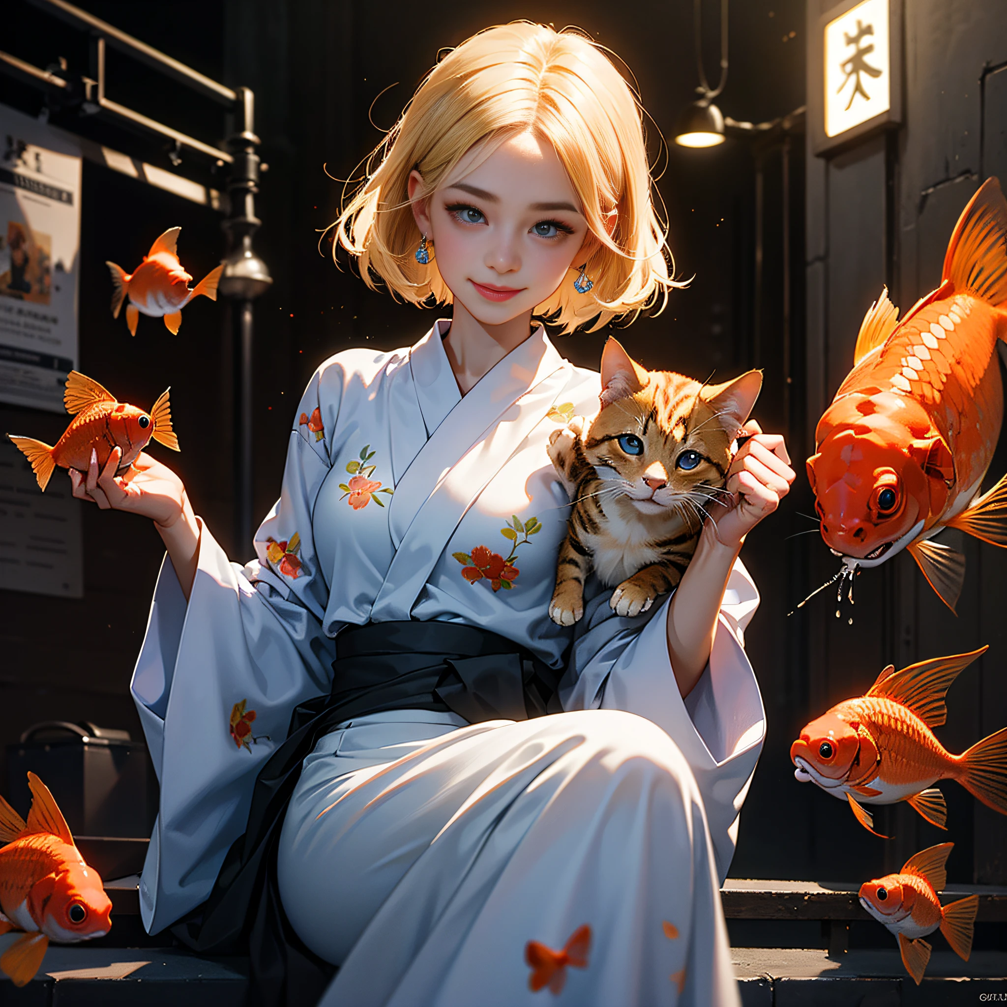 {{masterpiece, best quality, extremely detailed CG, unity 8k wallpaper}}, steampunk, downtown Tokyo in the early 20th century, 1 girl, 1 cat, smiling girl holding a cat, cute face, blonde short bob , ear piercings, goldfish print yukata, detailed face, detailed eyes, blue eyes, double eyelids, long eyelashes, popeyed goldfish flying around her, cinematic lighting,