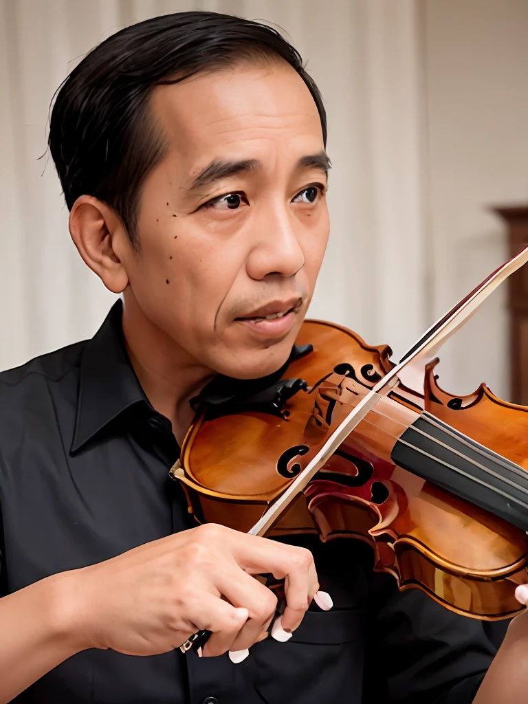 4k, Best quality, masterpiece, ultra high res, beautiful lighting, (realistic, photo-realistic:1.4), realistic background, jokowi, 1man, 50 years old, playing violin, The musician's fingers dance along the strings, caressing them with a tender touch. Each movement is deliberate and precise, as if engaged in an intimate conversation with the instrument. The hand glides effortlessly across the fingerboard, effortlessly navigating the intricate tapestry of notes.