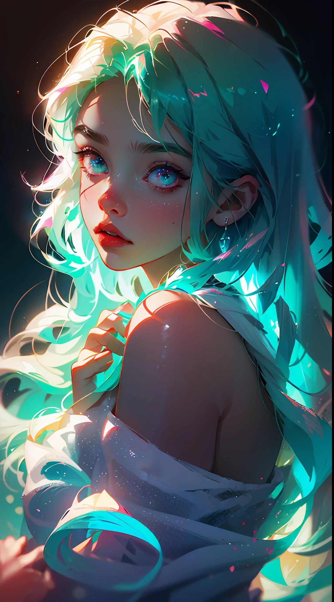 Heavy snow, girl in love, seven colors of the aurora, aura, highlights, neon glow, neon in the hair, neon wires, neon lips, beauty in the eyes, magical, magic, magic