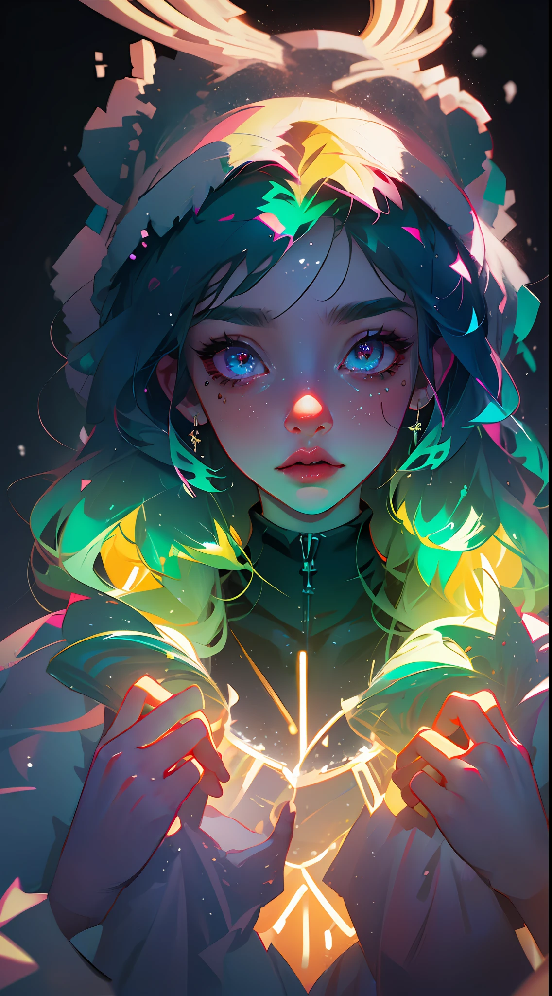 Heavy snow, girl in love, seven colors of the aurora, aura, highlights, neon glow, neon in the hair, neon wires, neon lips, beauty in the eyes, magical, magic, magic