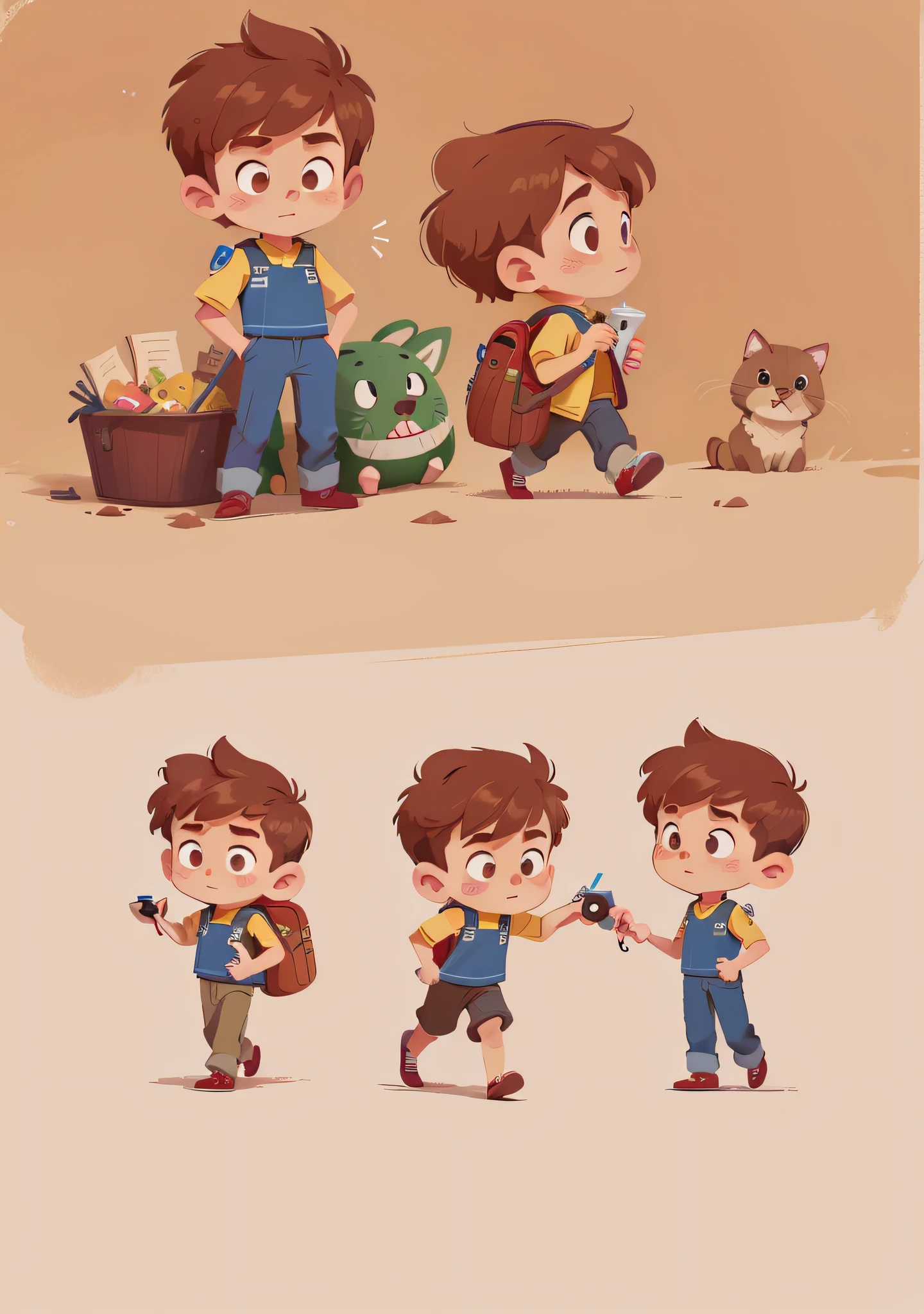 Cartoon character close-up of uniform, no hat, brown hair, brown hair, brown hair, long pants, long pants, male explorer mini cute short hair boy, high quality character design, animated character, full body character, full body character design, character standing walking, professional character design, game character design, full body single character, 2D illustration, 2D illustration, cute character, male protagonist 👀: 8, blue uniform