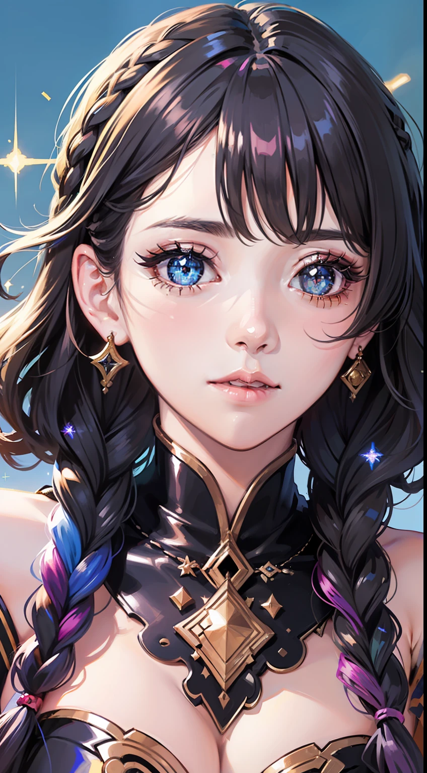 multicolored eyes, multicolored hair, glowing eyes, bright pupils, facial mark,(((masterpiece))), (((best quality))), ((ultra-detailed)), (illustration), ((concept art)), (detailed light),((an extremely delicate and beautiful)), (beautiful detailed eyes), (((1male))), (((face focus, closeup shot))), ((shinning glitters)), (((glitter for pupils))), ((looking to the side)), (excited), (((hands on face))), ((short neon braids, thick curly hair)), ((enamored)), ((in delusion)), blur blue background, scenery, Dark Fantasy,((detailed hairs)),