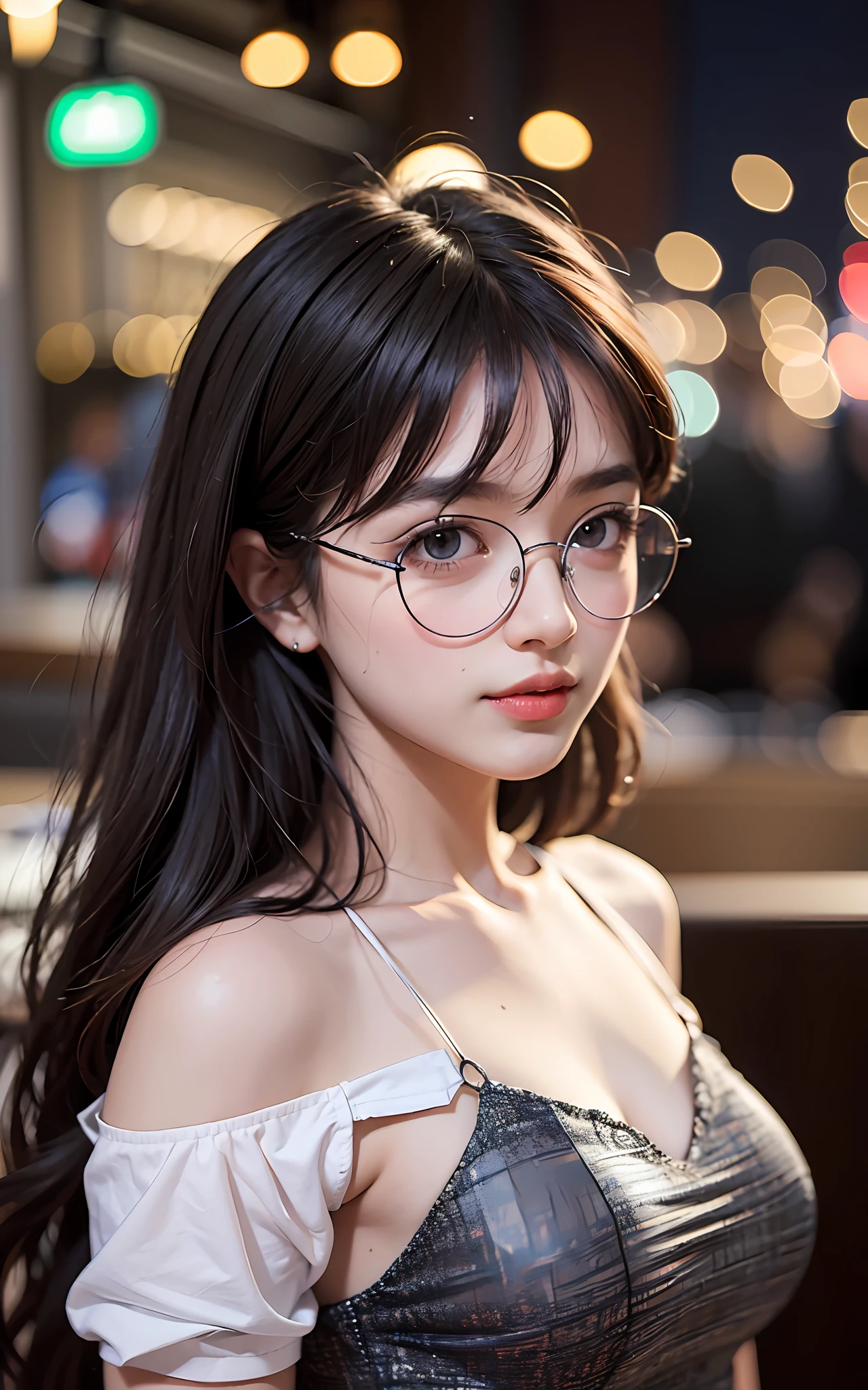 Top Quality, 8K, 4K, High Definition, Details Beautiful round glasses girl, dark hair girl, casual dress, restaurant with beautiful night view, upper body shown,