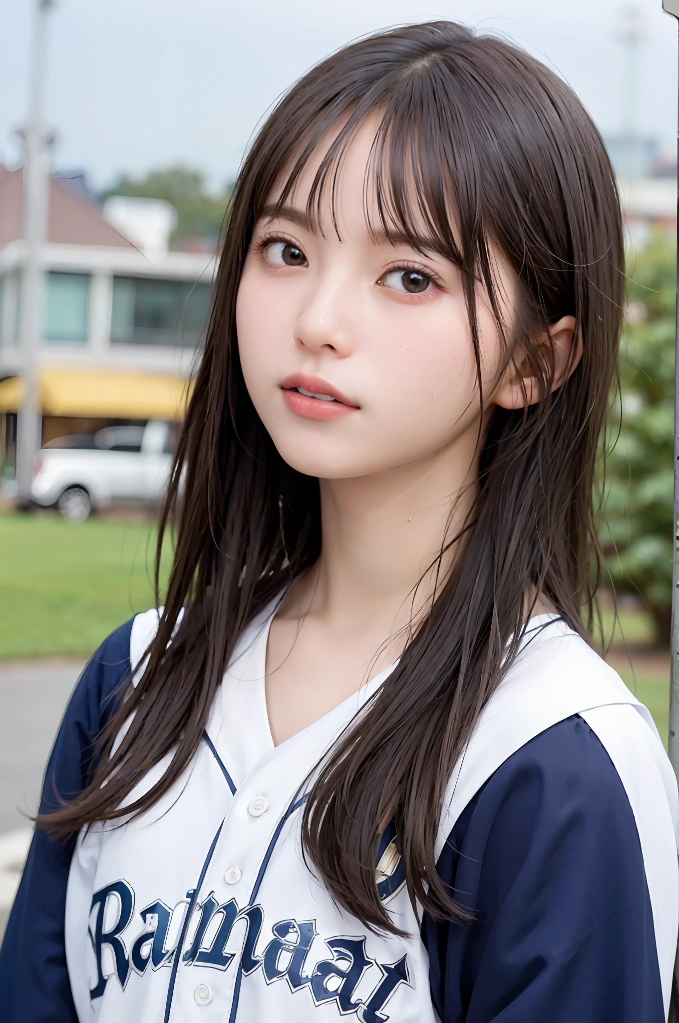 ((Top Quality, 8K, Masterpiece: 1.3)), Sharp: 1.2, Perfect Body Beauty: 1.4, Slim Abs: 1.2, (Layered Hairstyle, Big)), Baseball Uniforms, (Rain, Street: 1.2), Wet: 1.5, Highly Detailed Face and Skin Texture, Detailed Eyes, Double Eyelids, Aspect Looking at Camera