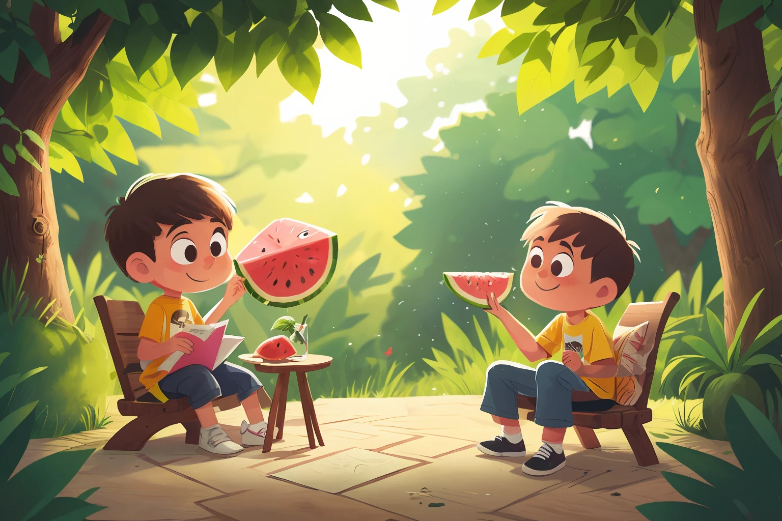 Close-up, in the shade, sunlight, son sitting on wooden chair, eating a piece of watermelon, father sitting, shaking a fan, mother holding watermelon, background is outdoor, high detail, super detail, 8K, super high resolution, perfect quality, clear focus, colorful, perfect face, complex details, ultra-low viewing angle, wide angle lens --v 6
