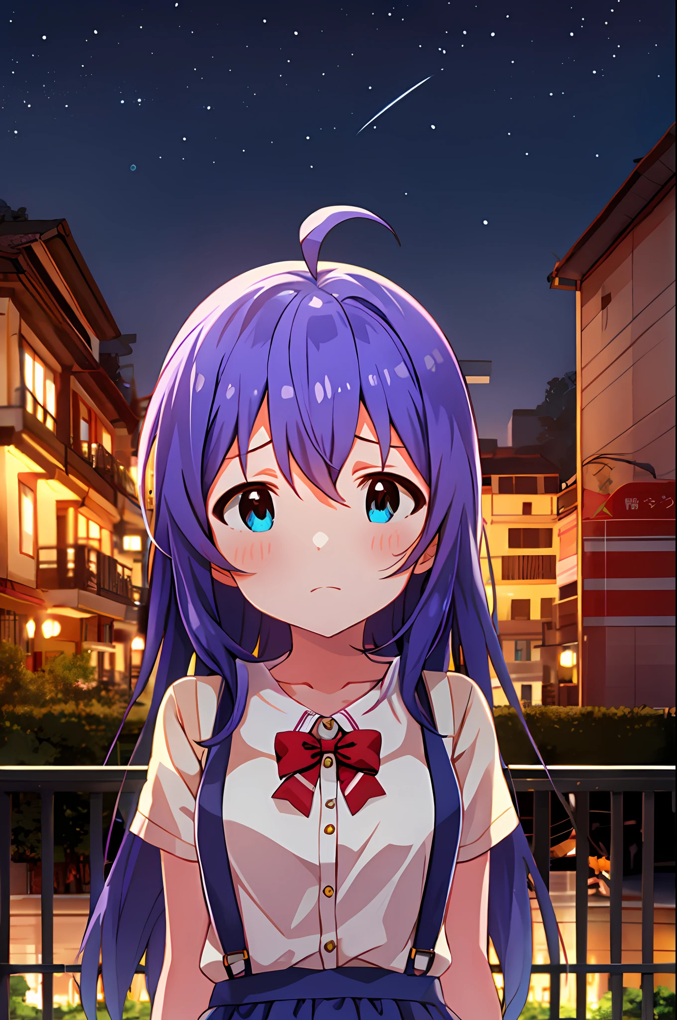 Anna Mochizuki (Million Live), (Top Quality, 8K, Masterpiece, Super Detail: 1.2), 1 Girl, Suspender Clothes.Skirt.Blushing, Clavicle, Bow, Ribbon, Blue Bow.Night.Night View.Outdoors.Chesty.Despair Face.