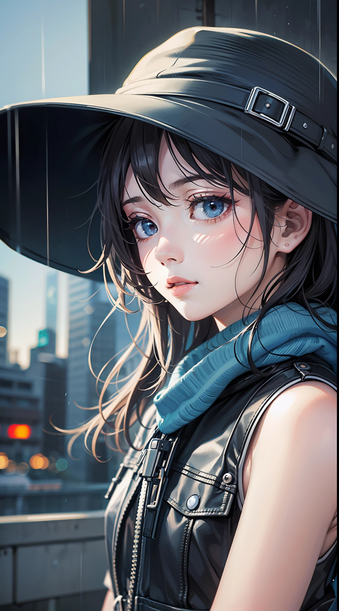 phblue, scenery, no humans, landscape, (masterpiece,best quality:1.4), blue theme, city, dusk, 1girl, rain,cowboy shot, close up,badashanren,